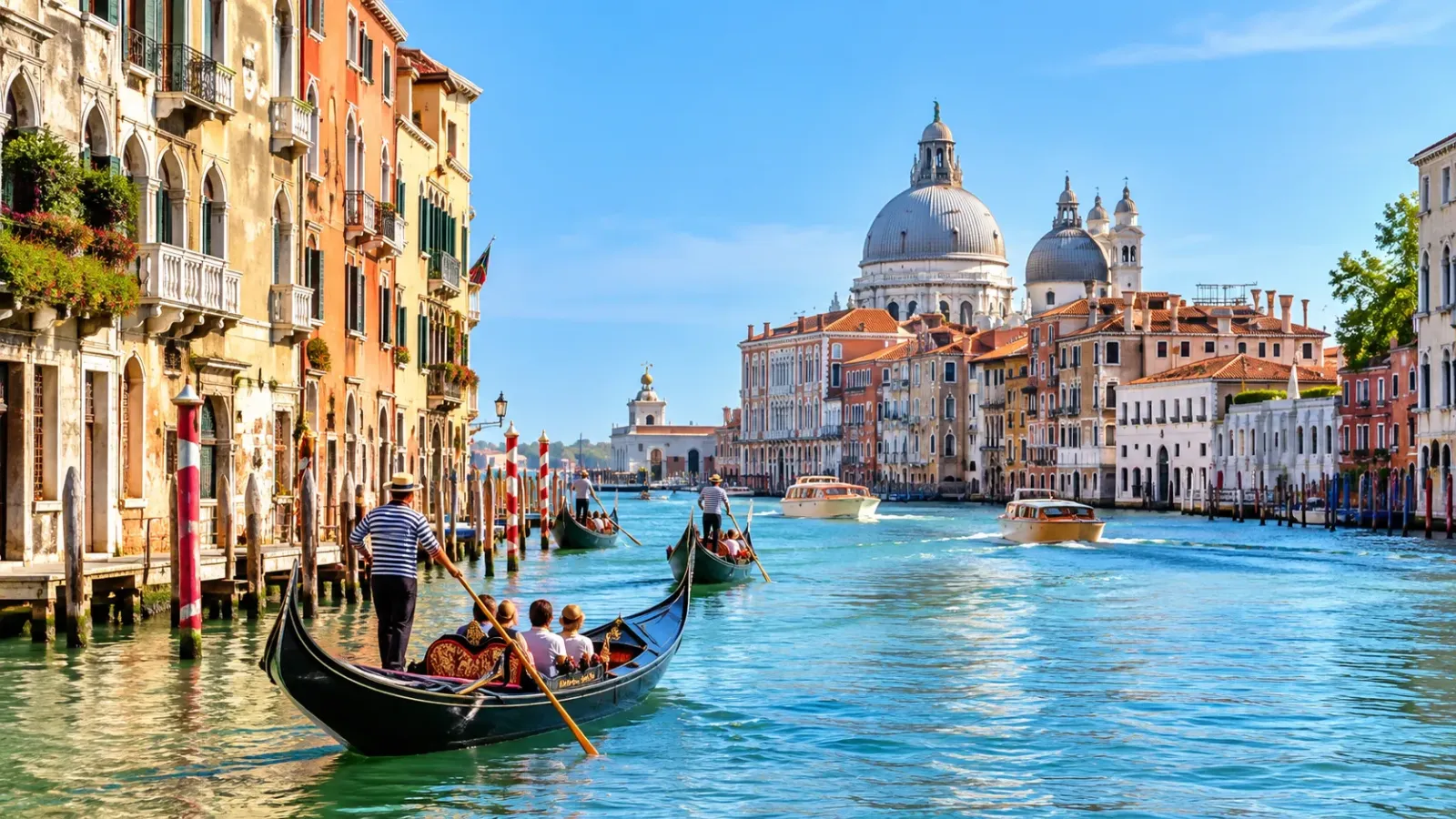 Kênh Lớn Venice với thuyền gondola thuyền chèo và các công trình kiến trúc cổ dọc hai bên bờ