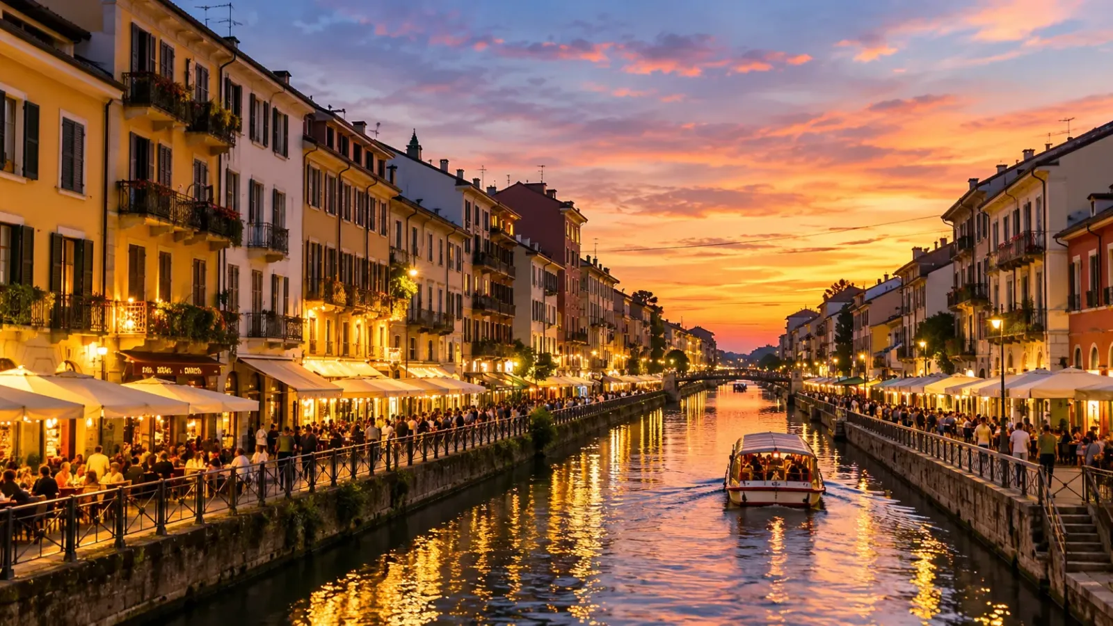 Kênh Naviglio Grande tại khu Navigli ở Milan với nhà hàng và dãy nhà ven kênh lúc chiều tối