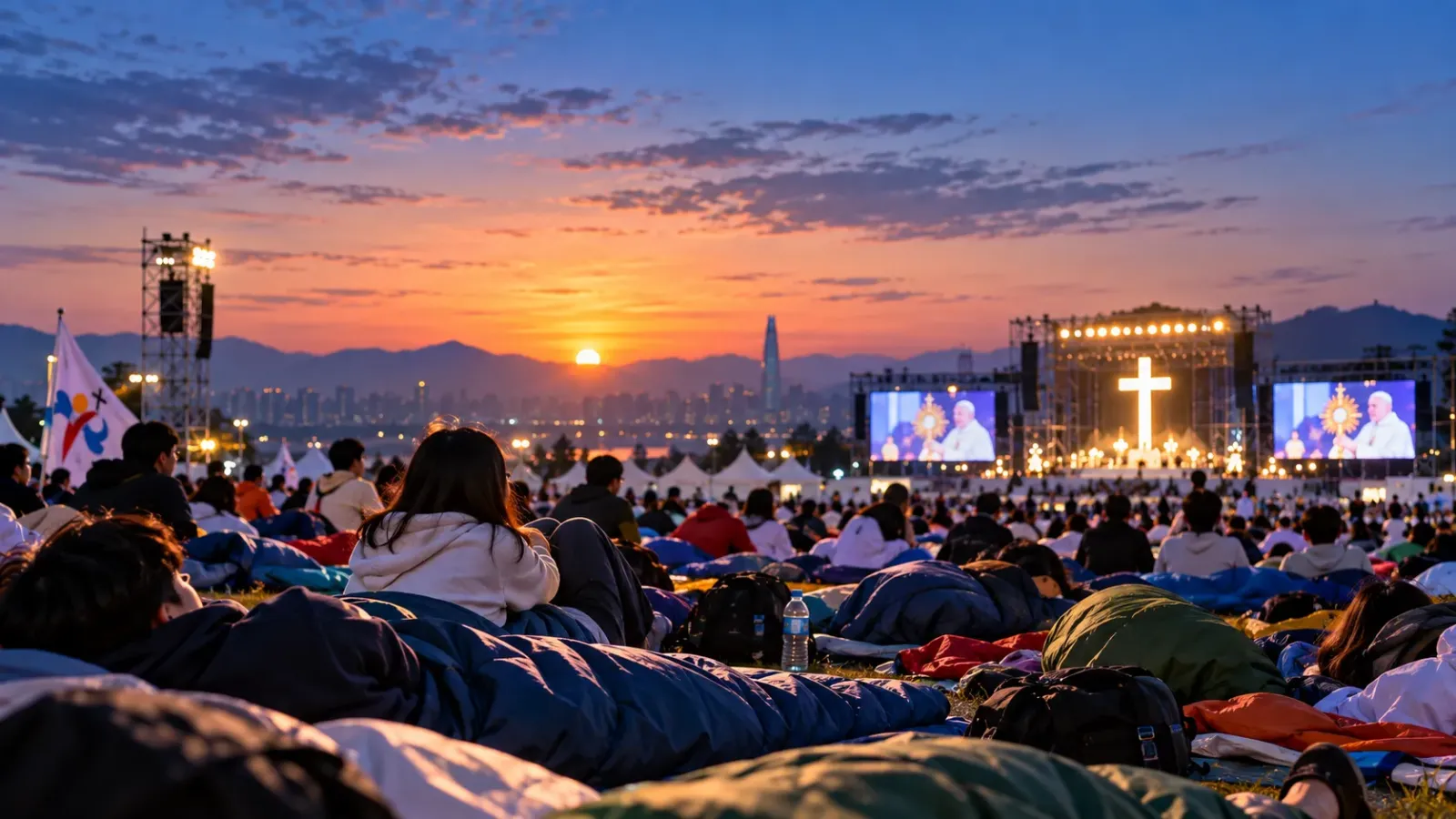 Khách hàng hương ngủ trong túi ngủ tại khu vực ngoài trời sau buổi canh thức giới trẻ