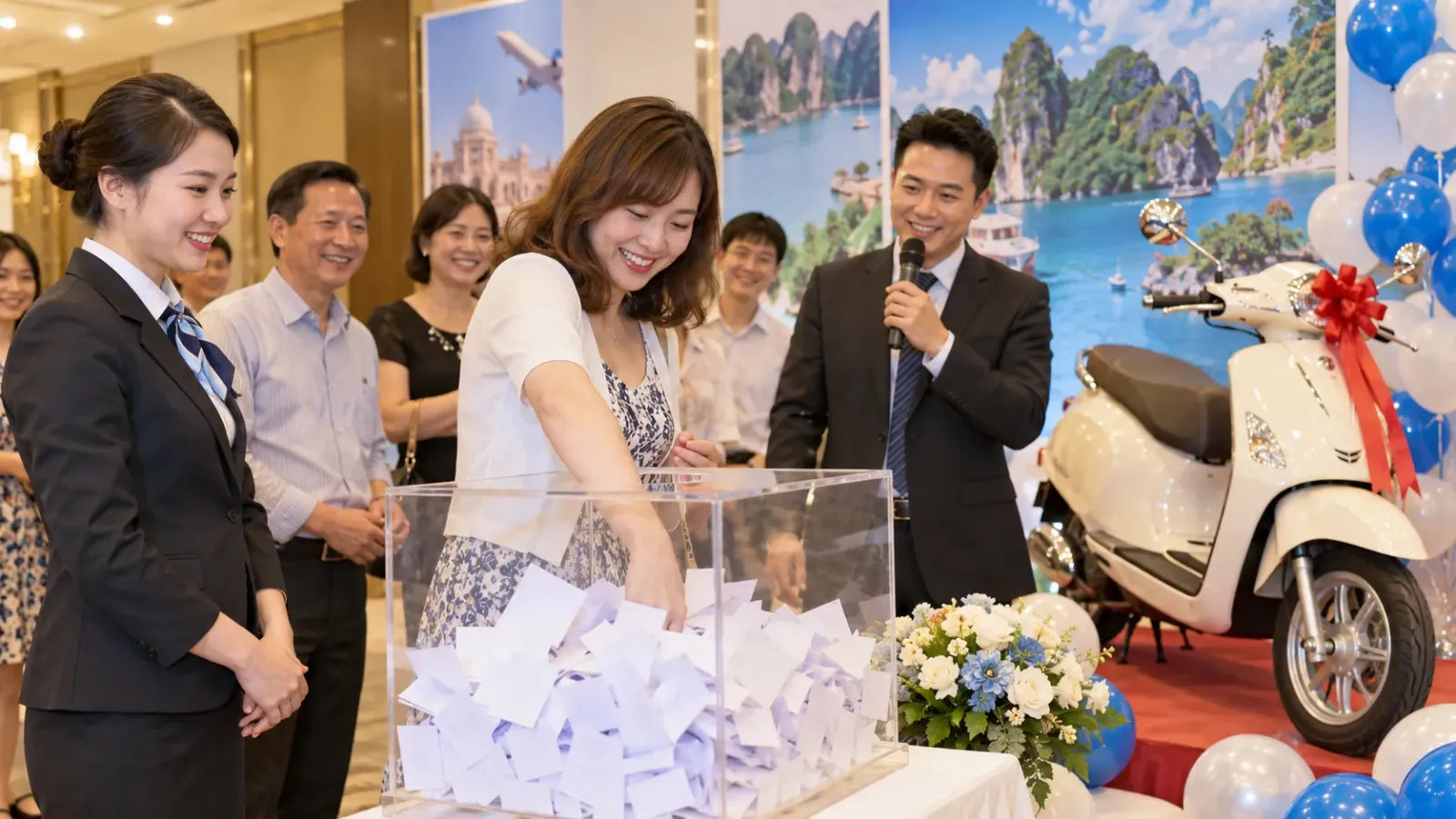 Khách hàng tham gia trộn phiếu trong hoạt động rút thăm Honda Lead của Du Lịch Việt năm 2015