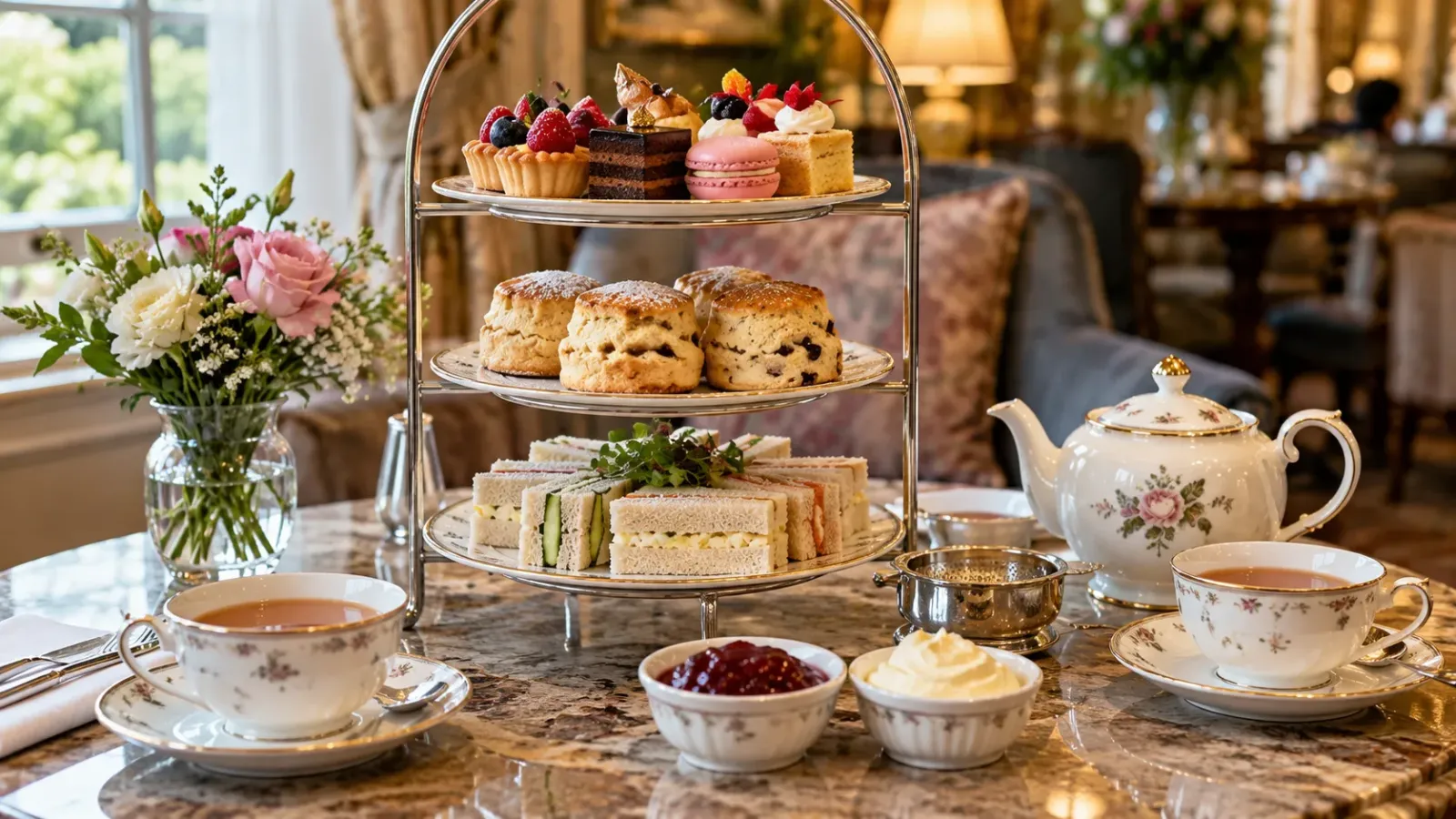 Khay trà chiều kiểu Anh với ấm trà, sandwich nhỏ, bánh scones và các loại bánh ngọt