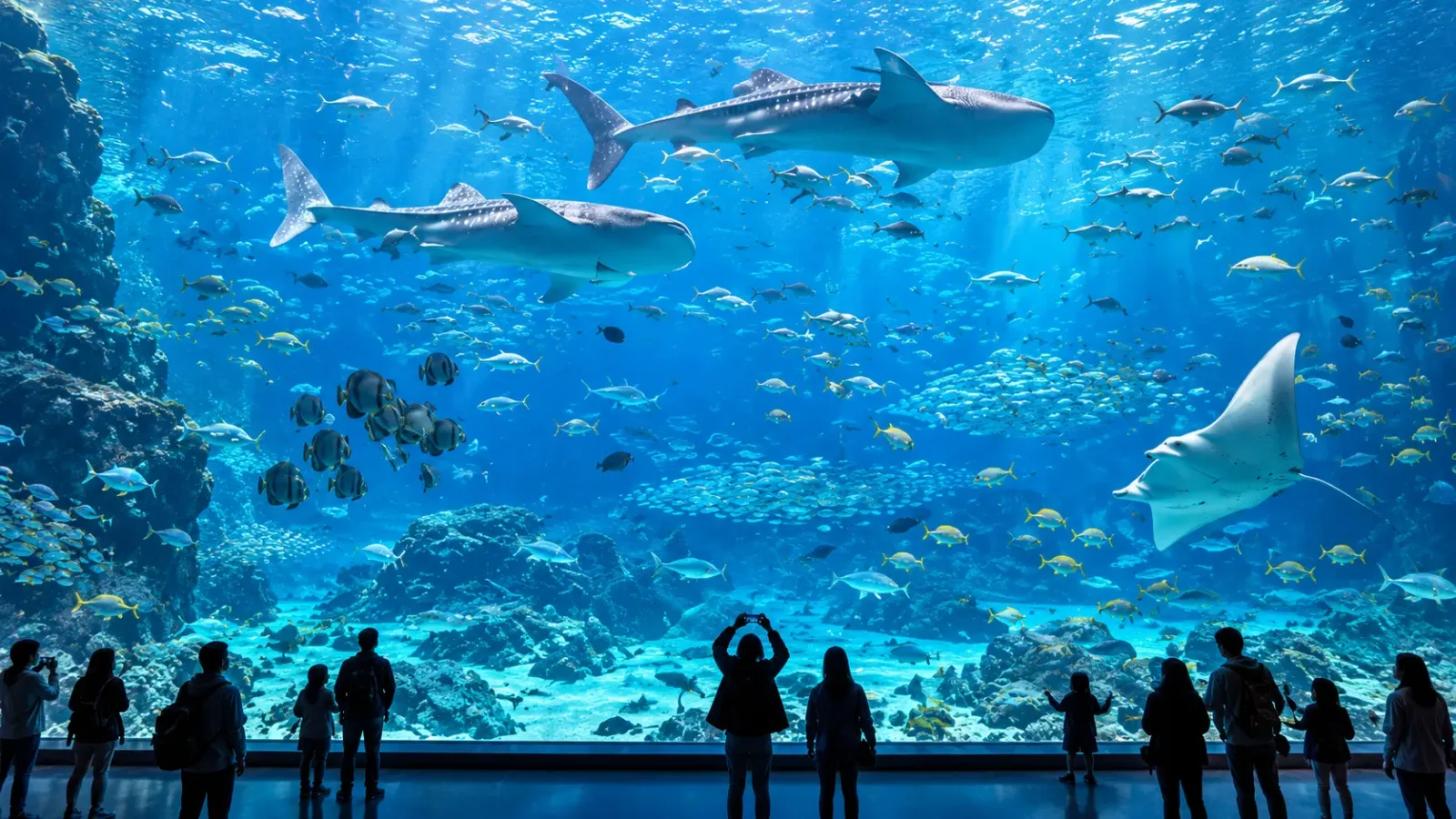 Không gian bể kính trưng bày cá và sinh vật biển tại thủy cung The Grand Aquarium Ocean Park Hồng Kông