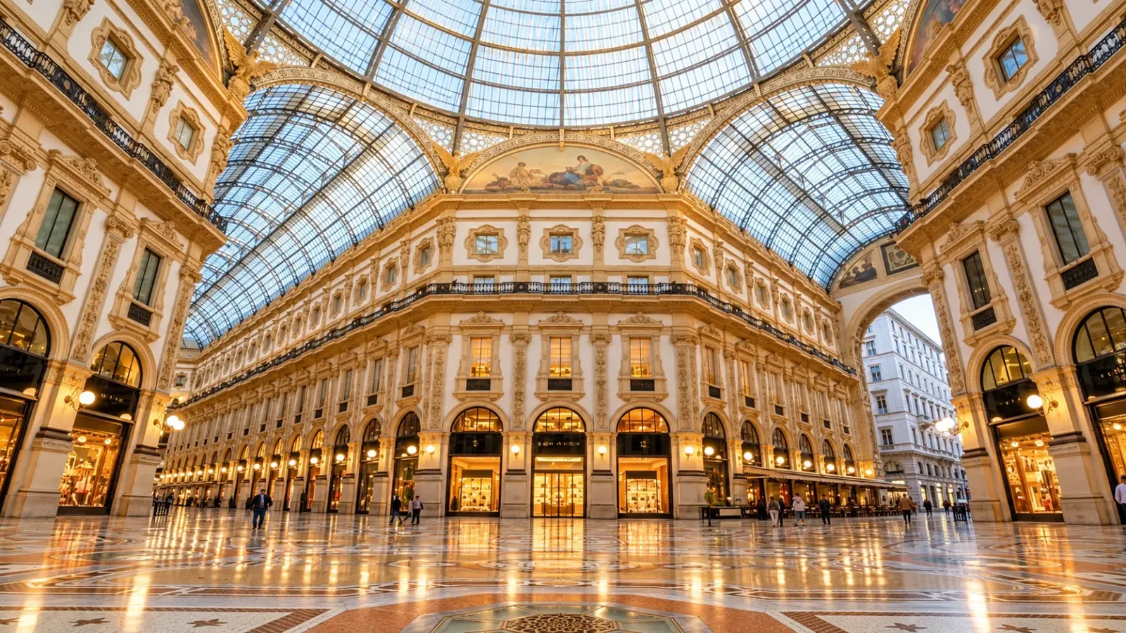 Không gian bên trong Galleria Vittorio Emanuele II tại Milan với mái vòm kính và sàn đá mosaic