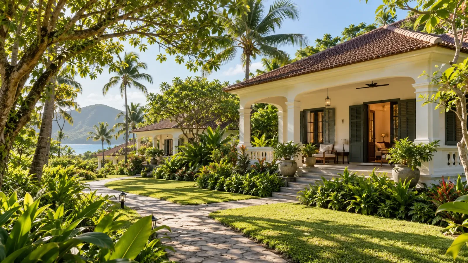 Không gian biệt thự nghỉ dưỡng Poulo Condor Boutique Resort với kiến trúc mang cảm hứng thuộc địa, sân vườn nhiệt đới và lối đi xanh mát