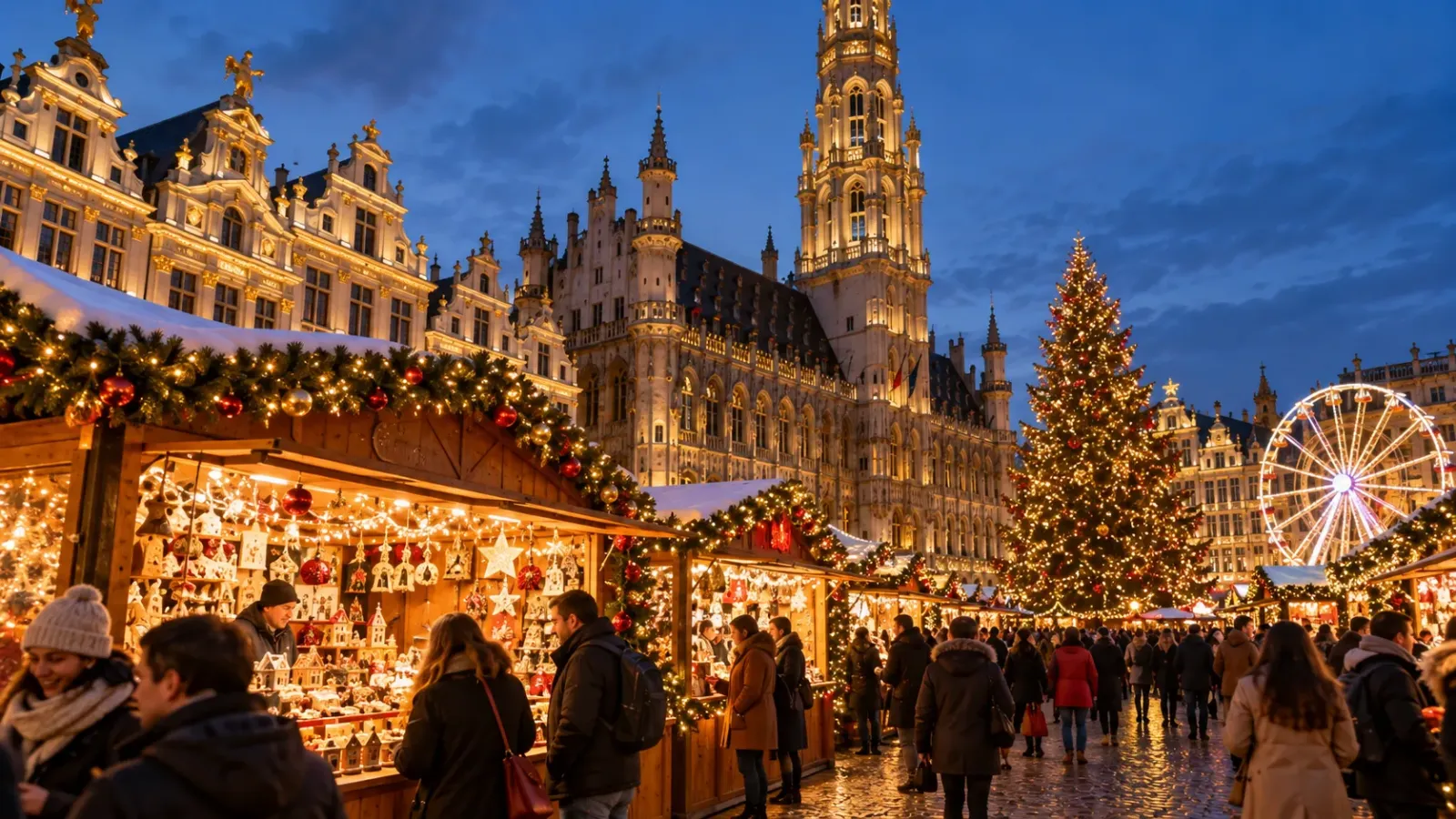 Không gian chợ Giáng sinh Brussels với những gian hàng và ánh đèn trang trí