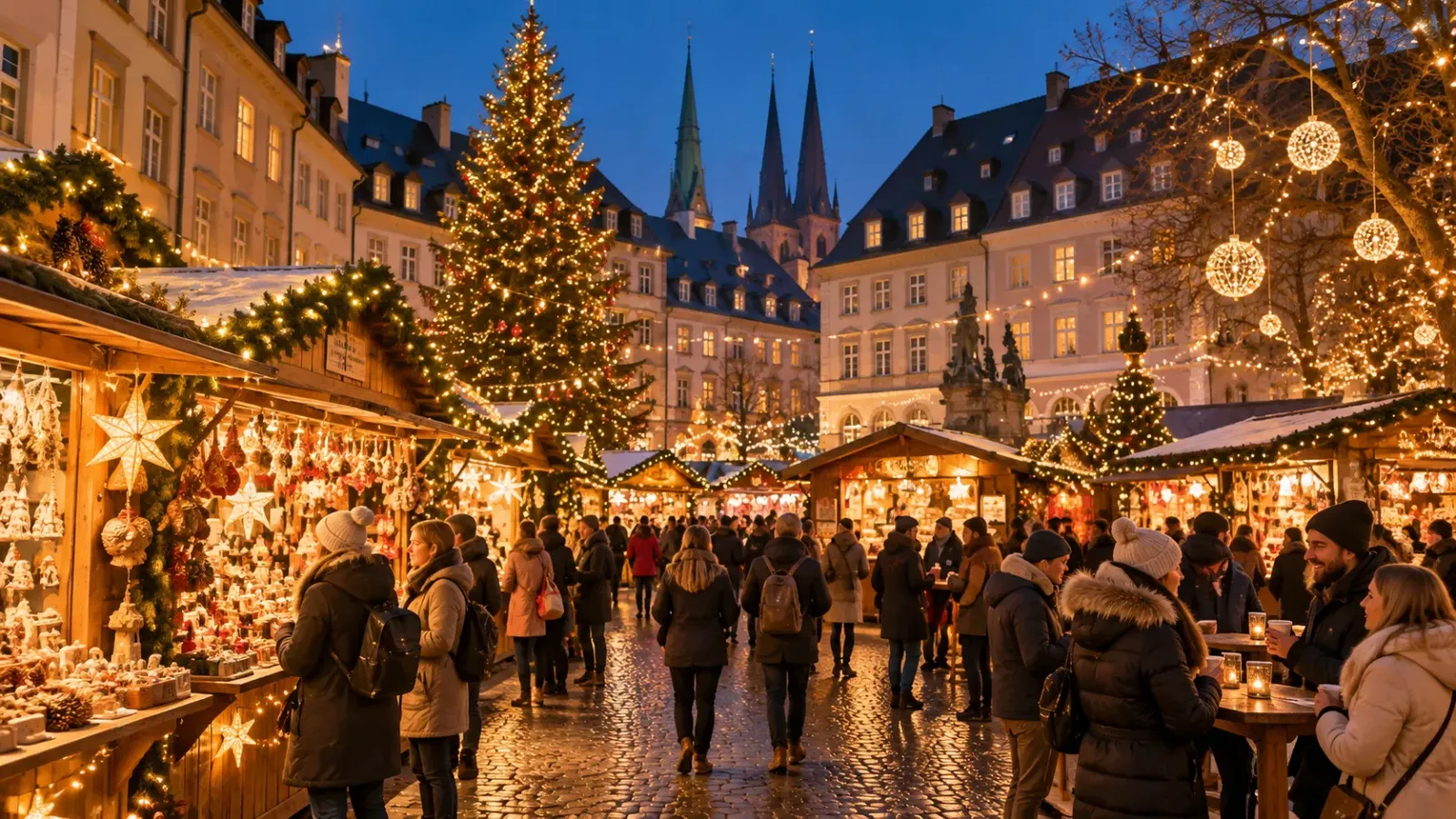 Không gian chợ Giáng sinh Winterlights với gian hàng gỗ và ánh đèn tại Luxembourg City