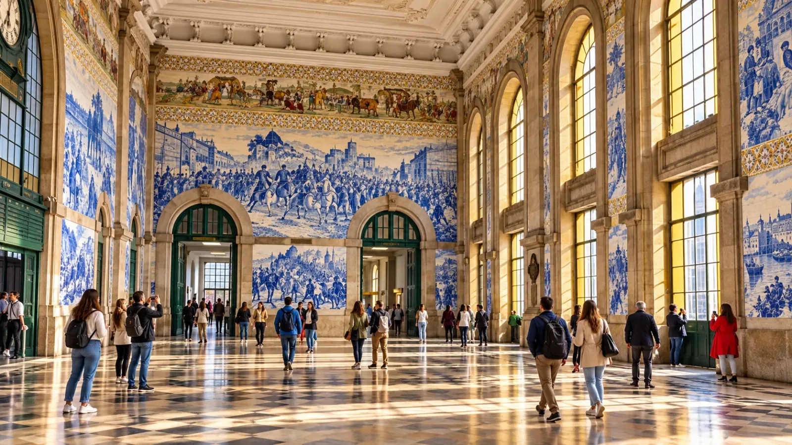 Không gian ga São Bento tại Porto với các mảng gạch azulejo trang trí