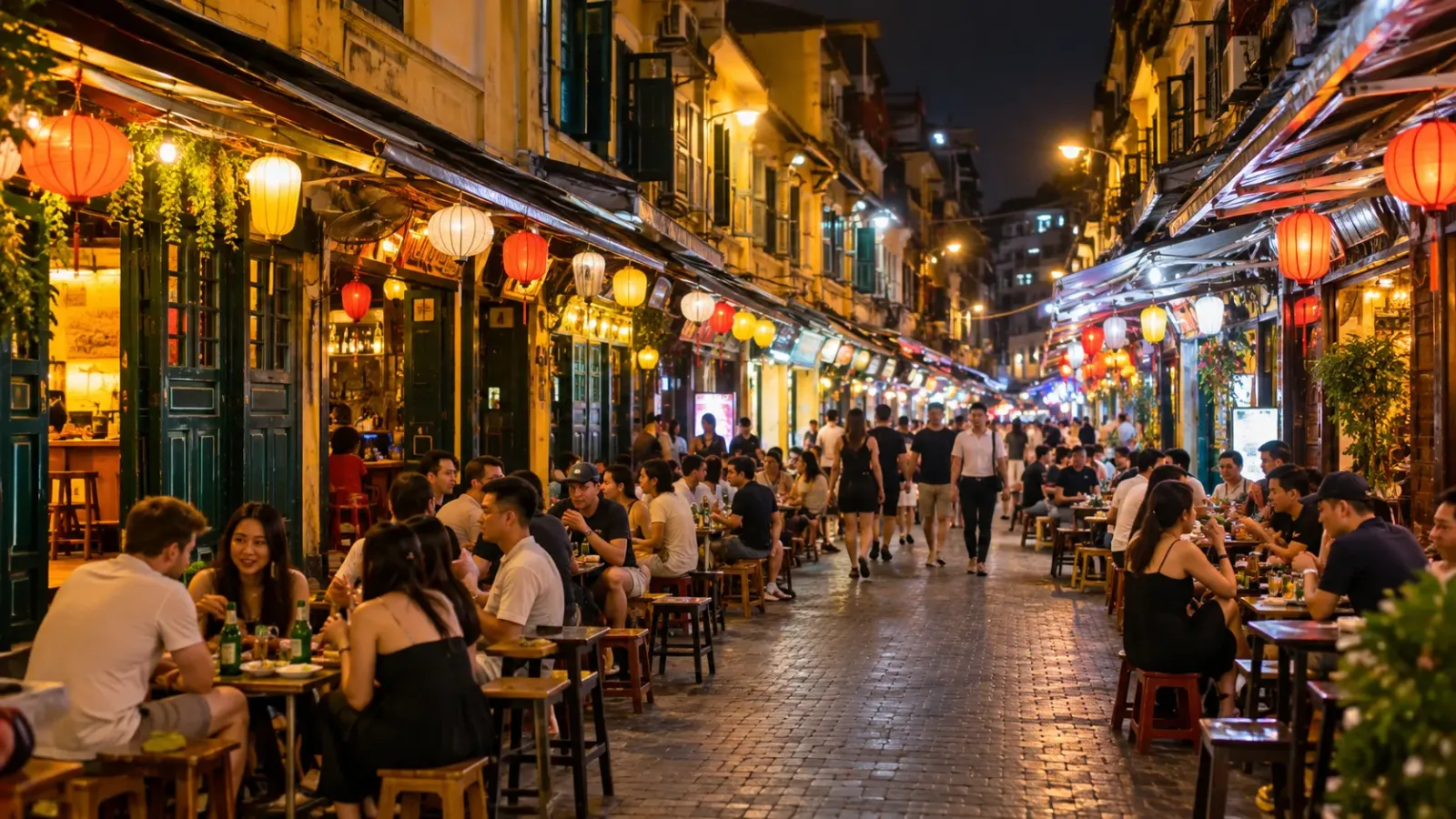 Không gian hàng quán và sinh hoạt về đêm trên phố Tạ Hiện Hà Nội.