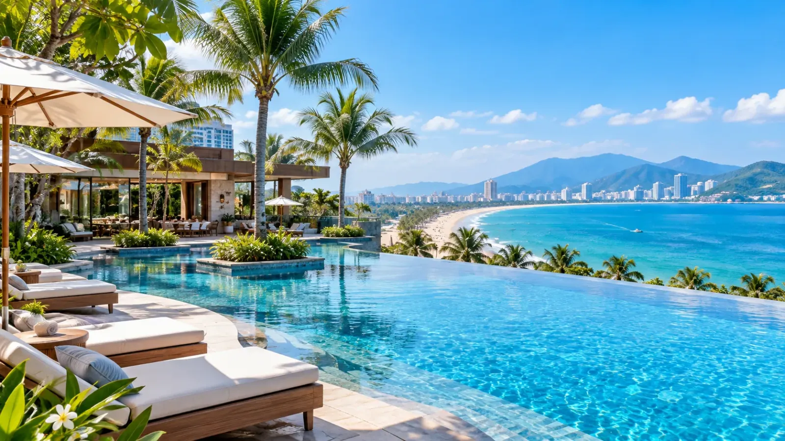 Không gian khách sạn nghỉ dưỡng có hồ bơi và cảnh quan hướng biển tại Nha Trang