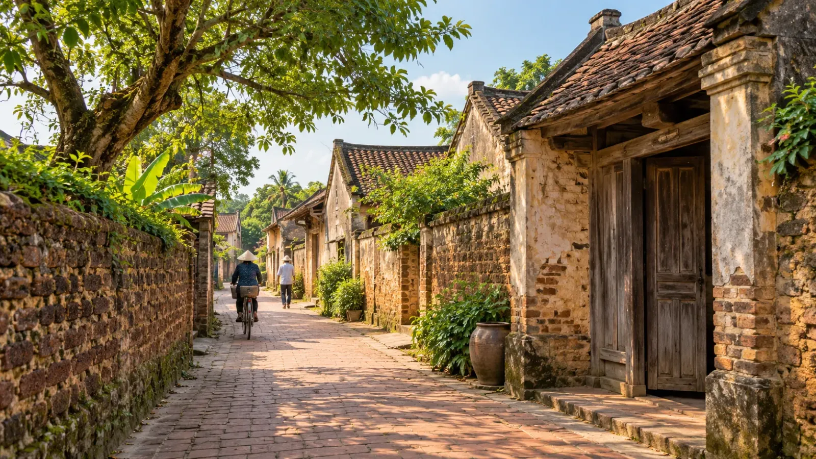 Không gian kiến trúc và đường làng truyền thống tại làng cổ Đường Lâm Hà Nội.