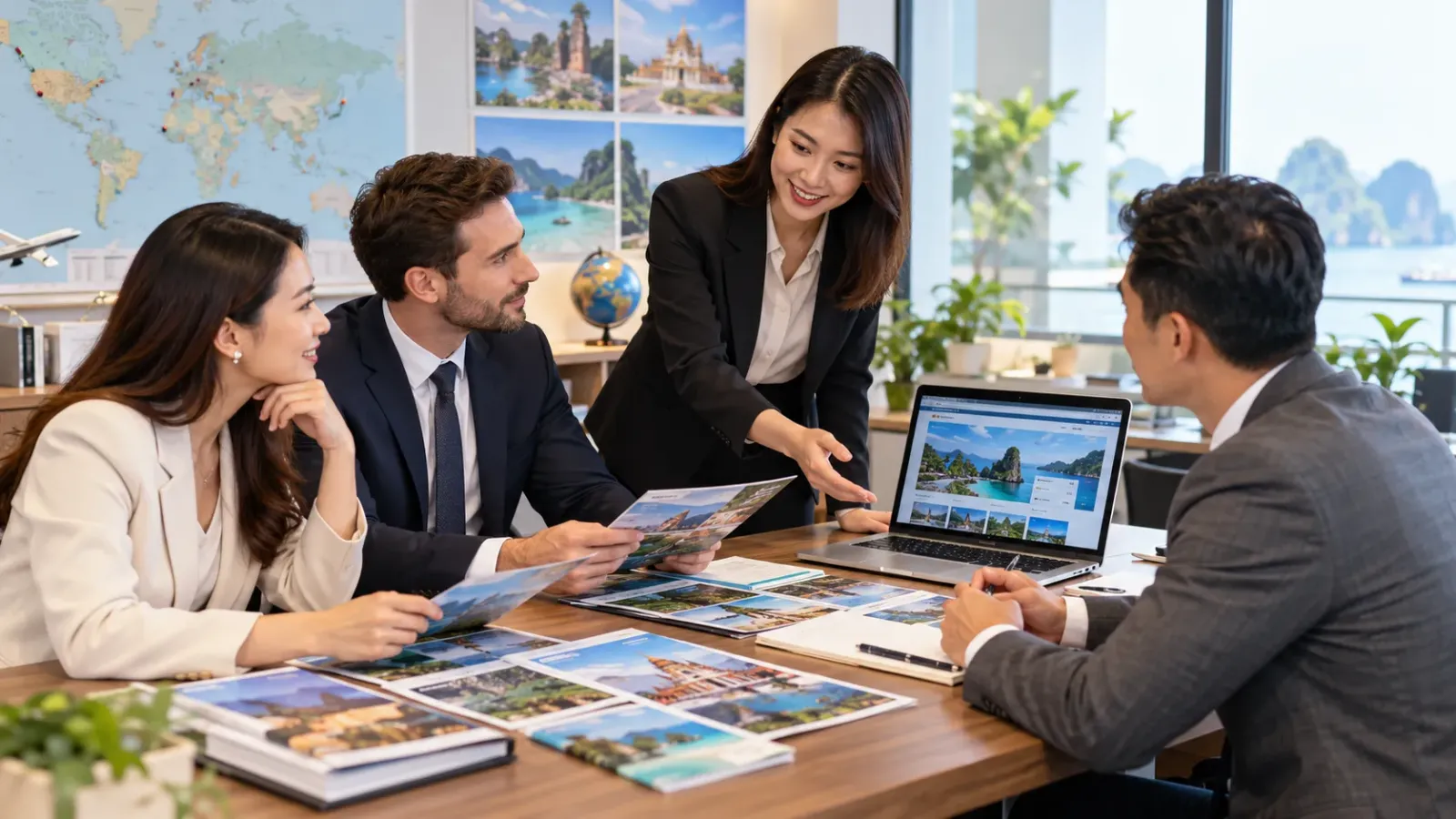 Không gian làm việc và trao đổi giữa nhân viên kinh doanh với đối tác trong ngành du lịch