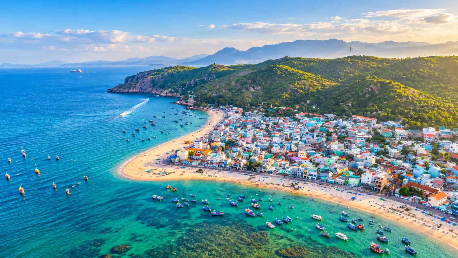 Không gian làng chài Nhơn Hải với những chiếc thuyền đánh cá trên vùng biển gần đảo Hòn Khô