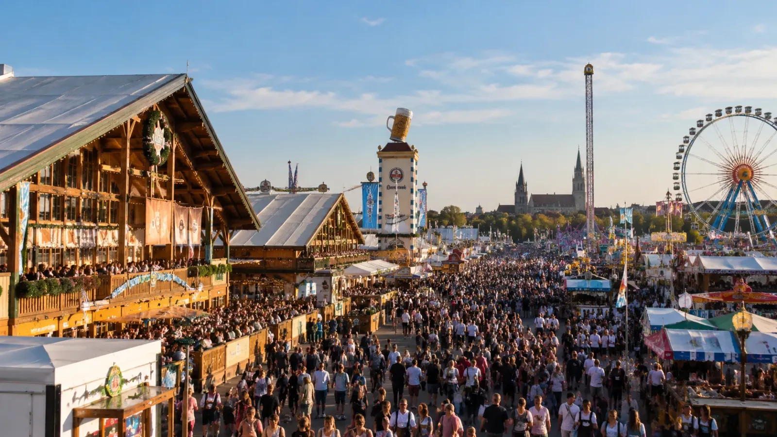 Không gian lễ hội Oktoberfest tại Theresienwiese Munich Đức với các lều lễ hội và khu vực vui chơi