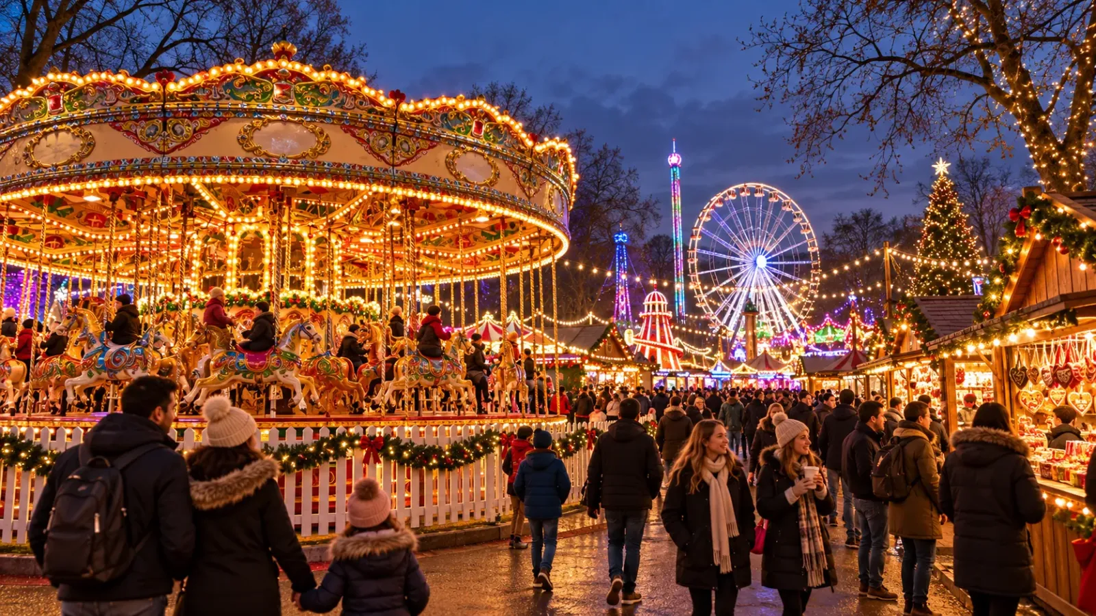 Không gian lễ hội Winter Wonderland với các gian hàng và hoạt động giải trí tại Hyde Park London