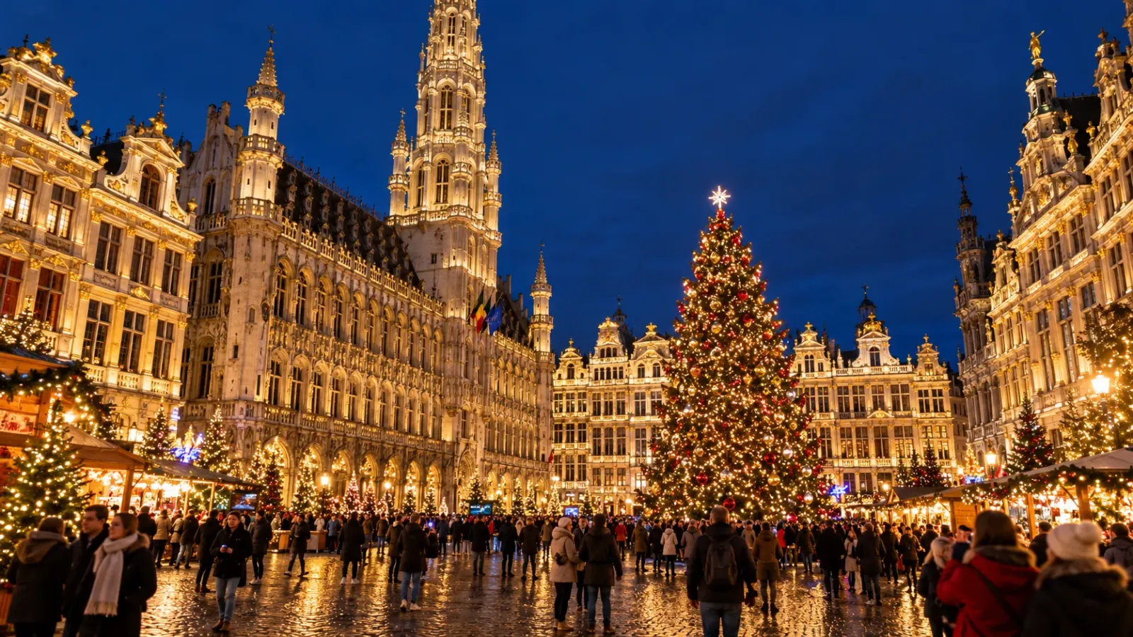 Không gian lễ hội Winter Wonders với cây thông Giáng sinh và ánh đèn tại Grand-Place ở Brussels, Bỉ.
