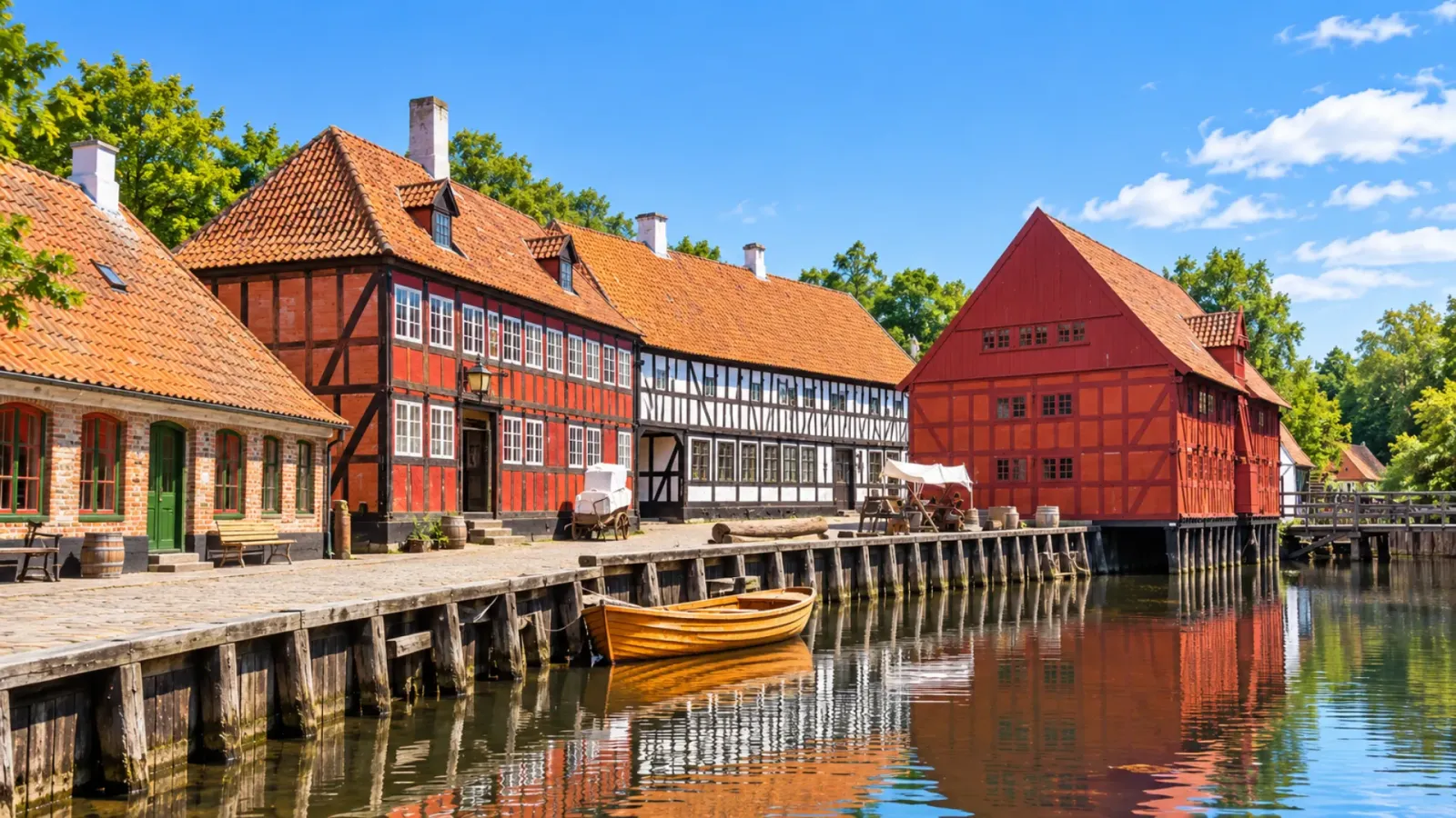 Không gian những ngôi nhà cổ và đường phố lịch sử tại bảo tàng Den Gamle By ở Aarhus