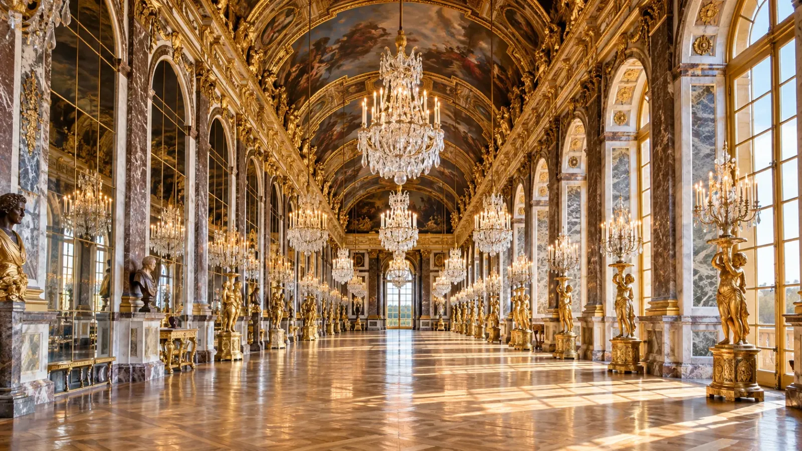 Không gian Phòng Gương trong Cung điện Versailles với đèn chùm, những vòm gương và hàng cửa sổ lớn