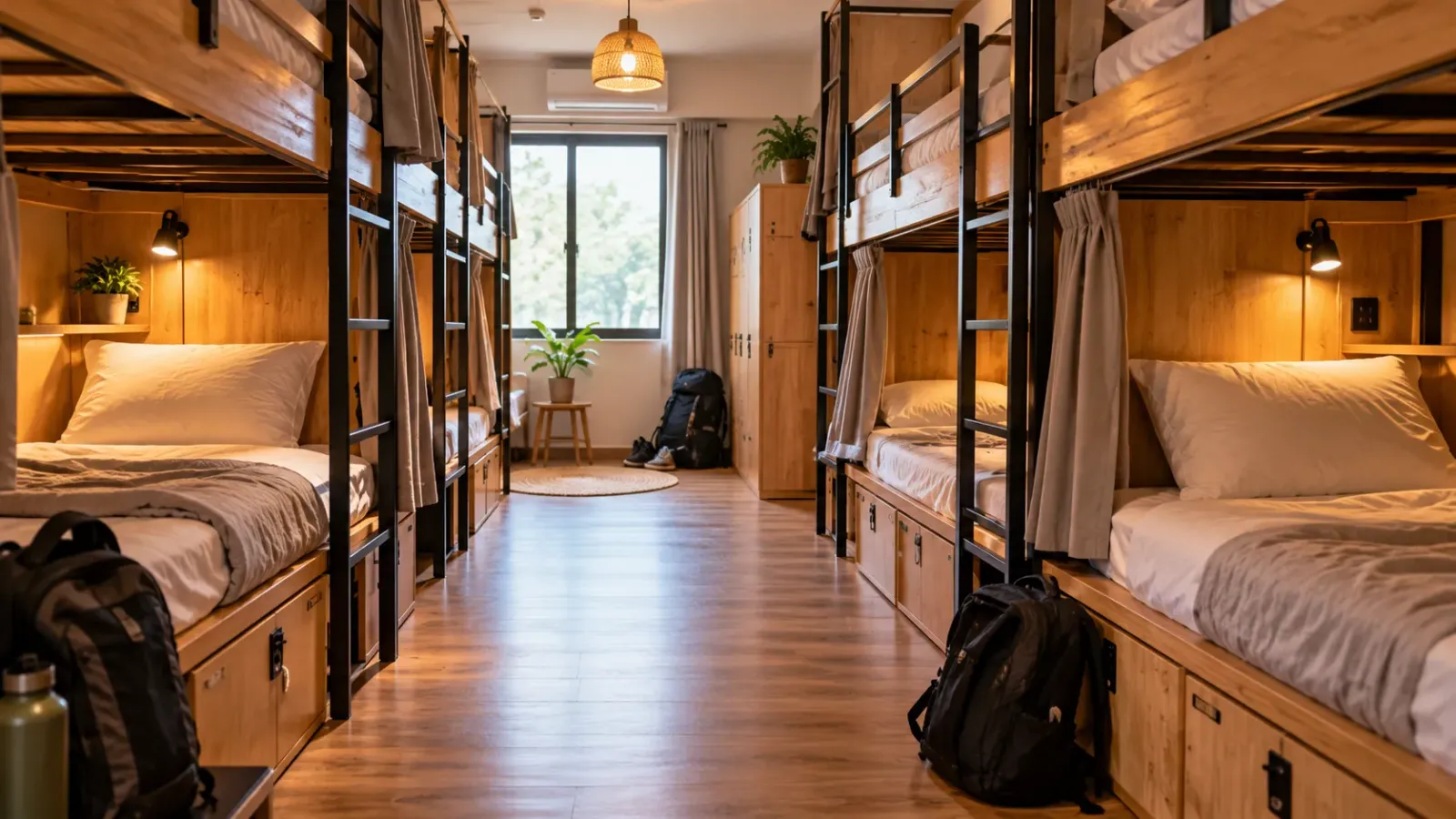 Không gian phòng ngủ tập thể với giường tầng trong một hostel dành cho khách du lịch tự túc