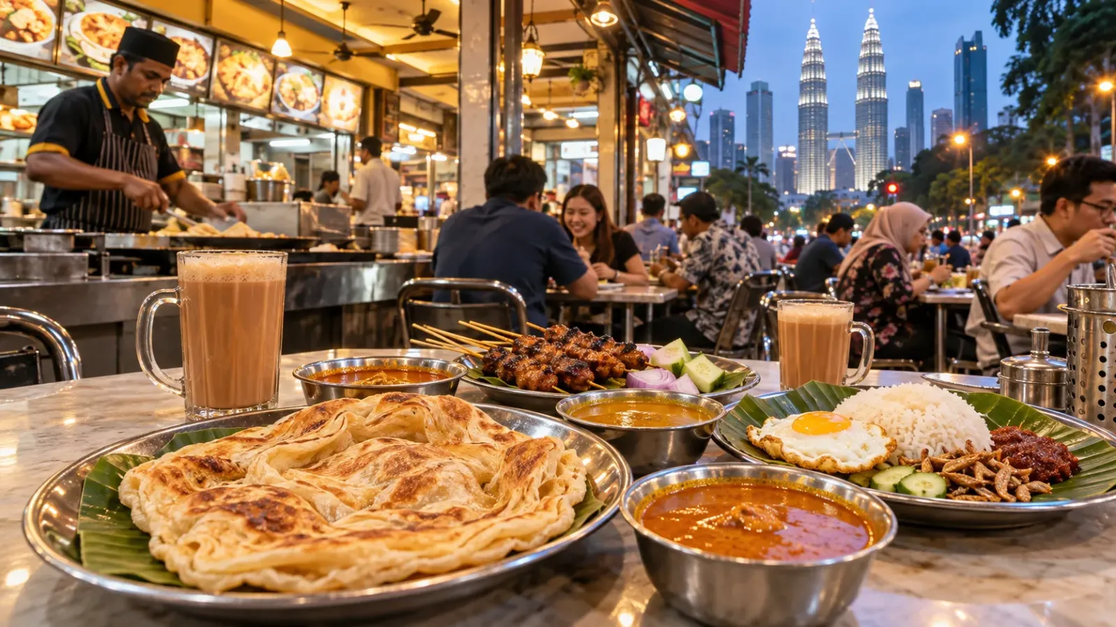 Không gian quán ăn địa phương tại Kuala Lumpur với roti canai và các món ăn Malaysia