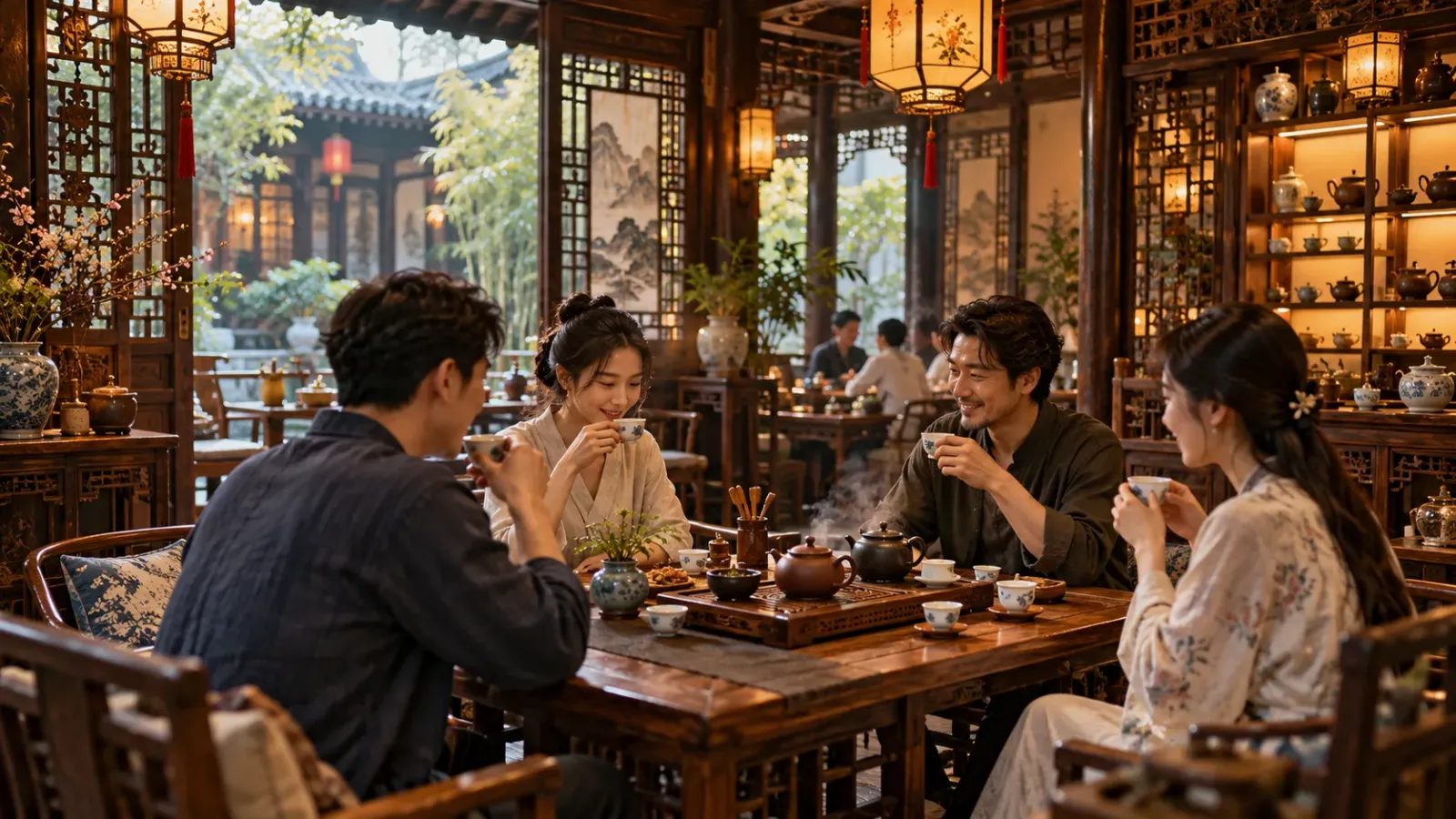 Không gian quán trà truyền thống Trung Quốc với bộ chén trà và khách thưởng trà