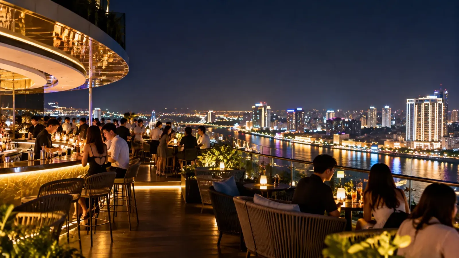 Không gian rooftop Sky36 tại Novotel Đà Nẵng với góc nhìn thành phố về đêm