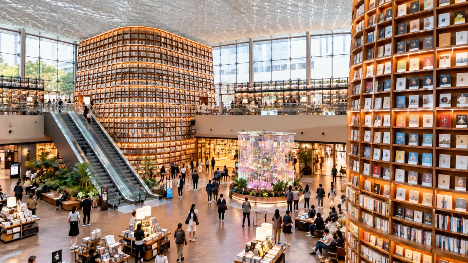 Không gian Starfield Library với những kệ sách cao bên trong trung tâm thương mại COEX tại Gangnam Seoul.