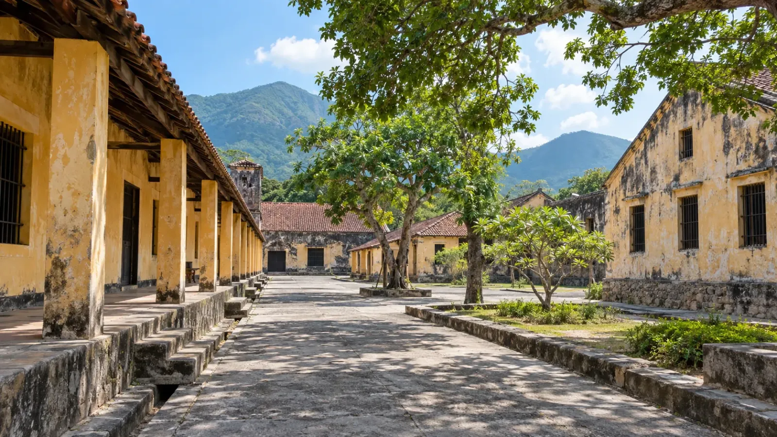 Không gian tham quan di tích lịch sử Nhà tù Côn Đảo với công trình và lối đi trong khu di tích