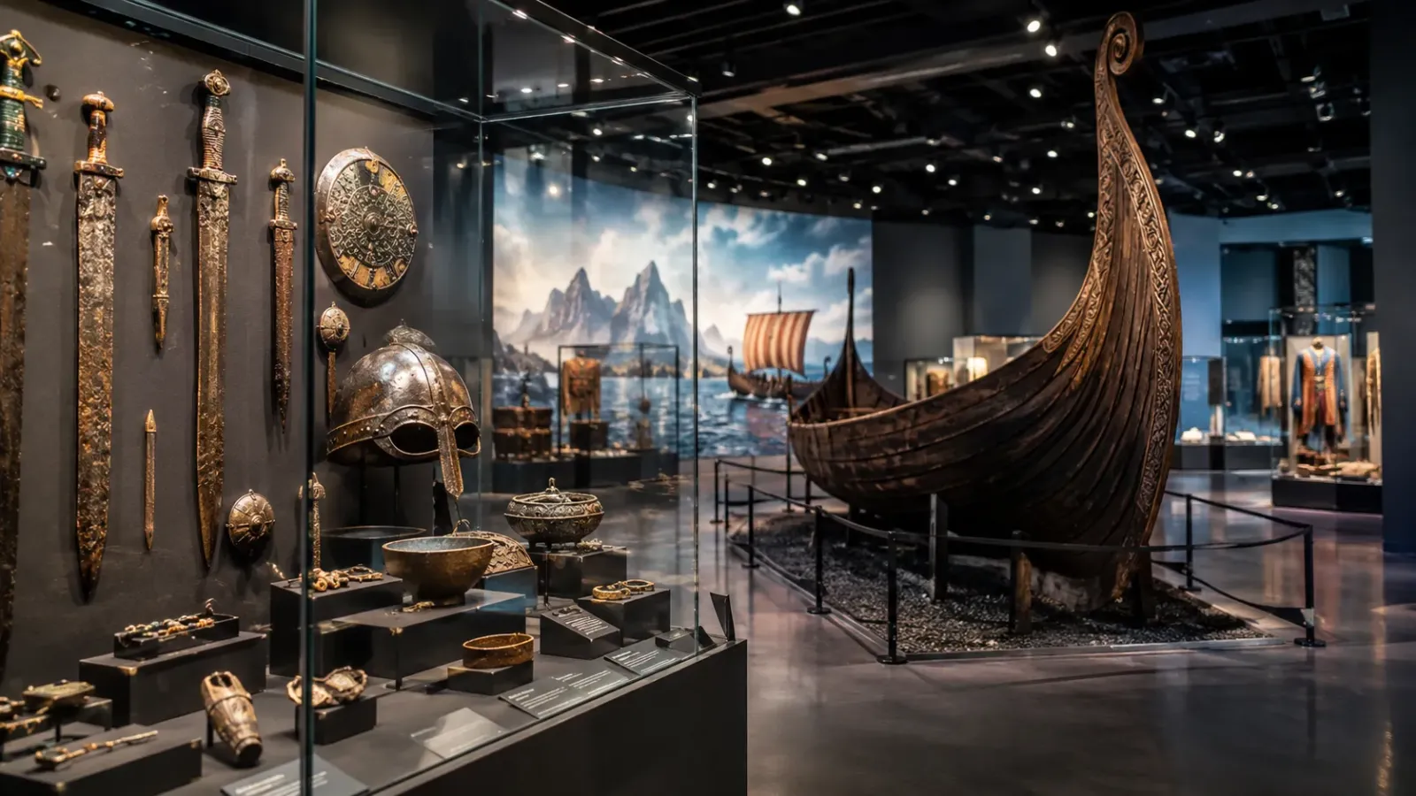 Không gian triển lãm The Viking World tại Swedish History Museum ở Stockholm với các hiện vật khảo cổ thời Viking được trưng bày.