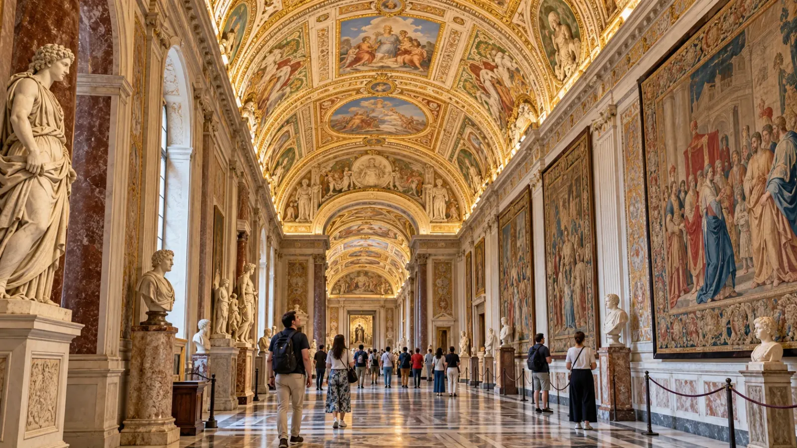 Không gian trưng bày nghệ thuật với trần trang trí bên trong Bảo tàng Vatican