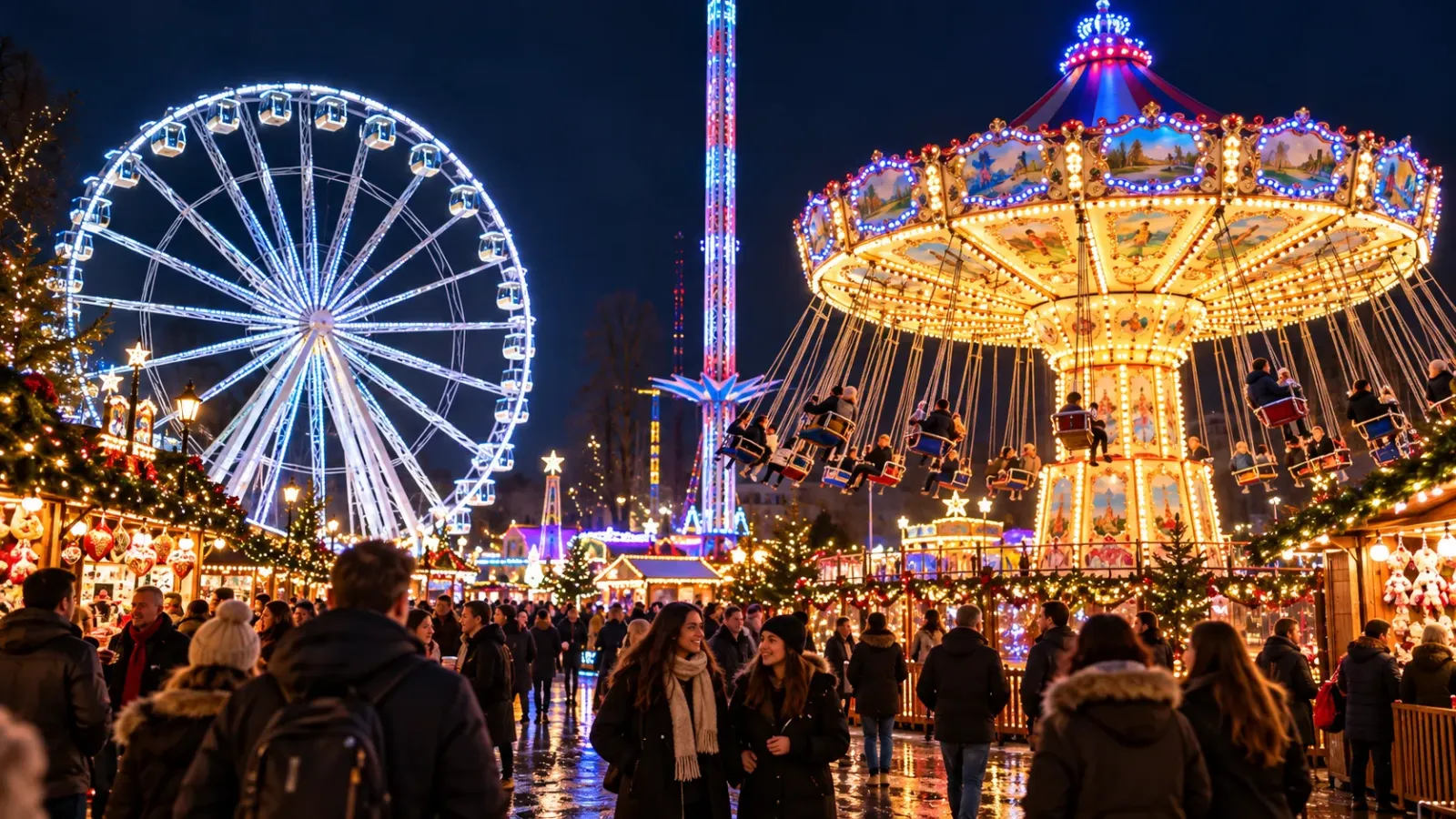 Không gian vui chơi với vòng quay và ánh đèn tại Winter Wonderland ở Hyde Park London