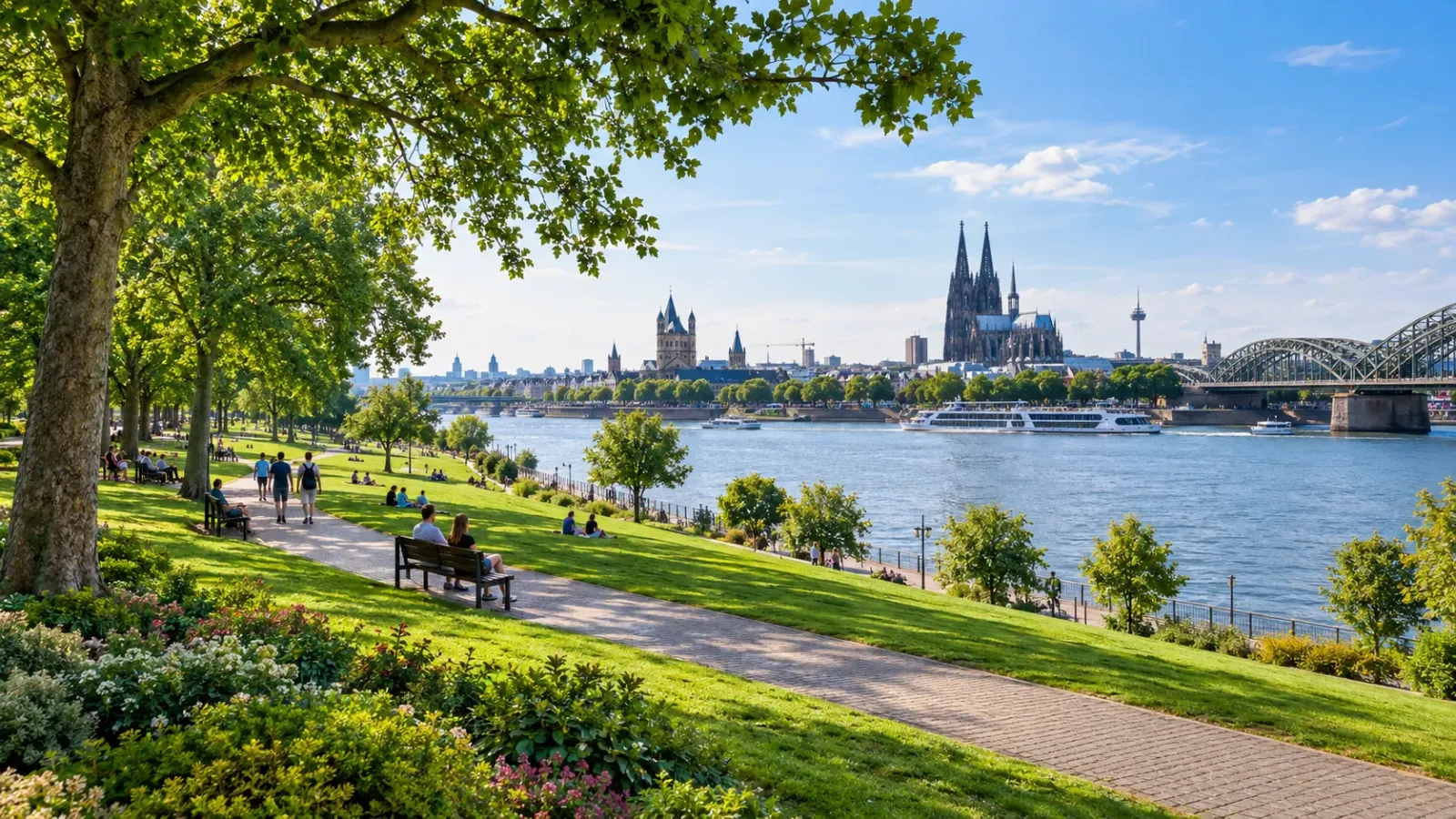 Không gian xanh của công viên Rheinpark bên bờ sông Rhine tại Cologne
