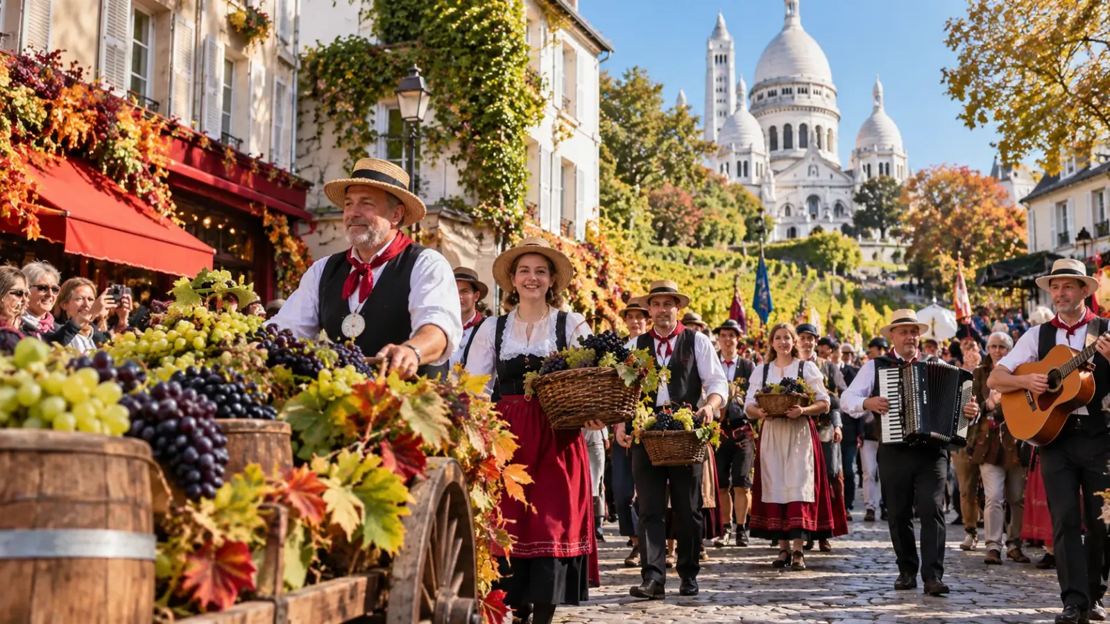Không khí lễ hội Fête des Vendanges de Montmartre tại khu phố Montmartre ở Paris