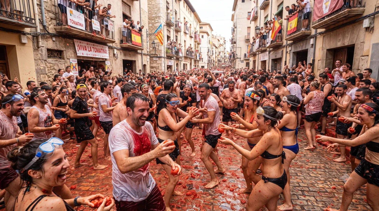 Không khí lễ hội ném cà chua La Tomatina trên đường phố Buñol, Tây Ban Nha