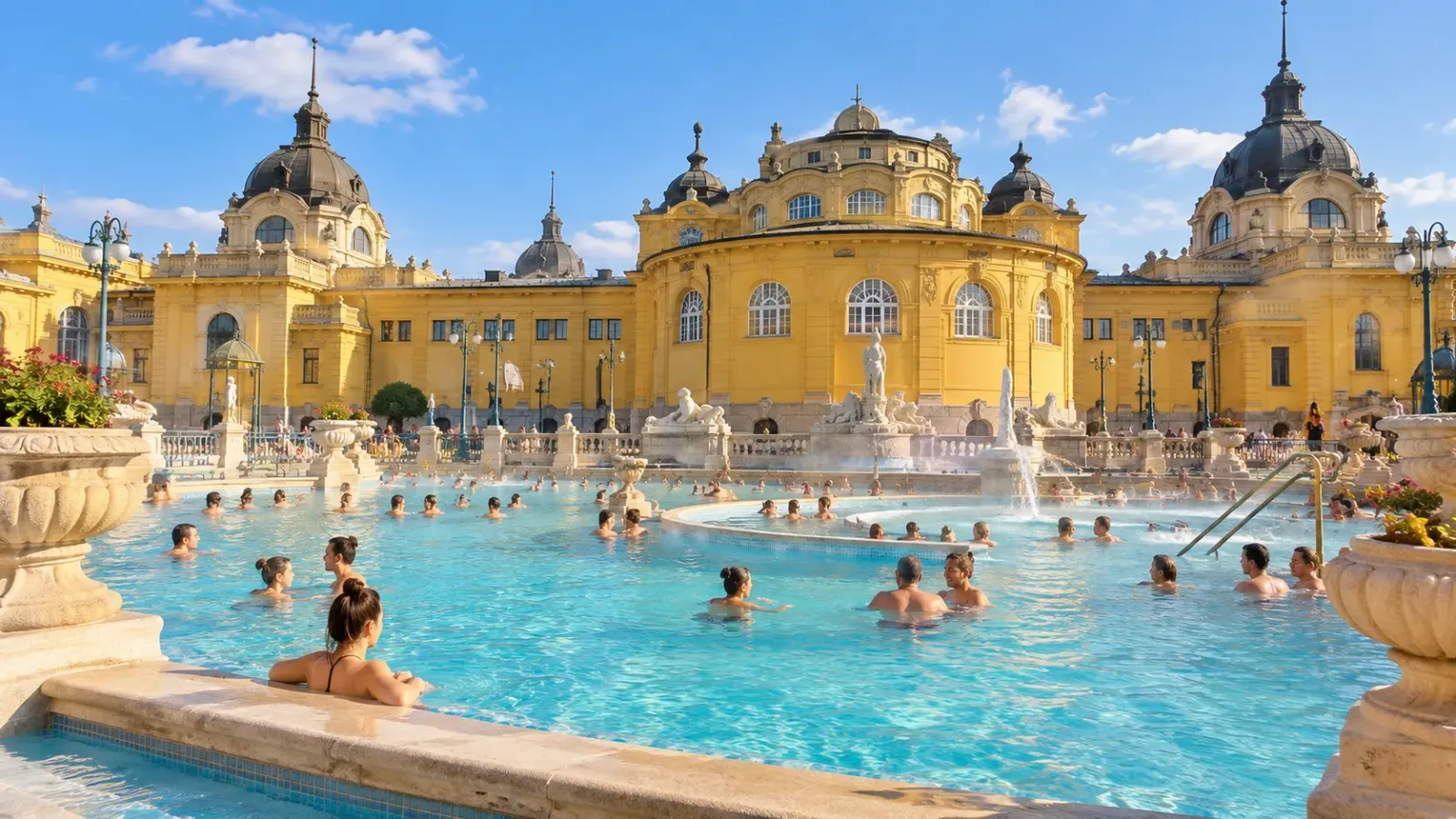 Khu bể tắm ngoài trời tại nhà tắm khoáng nóng Széchenyi ở Budapest, Hungary, với công trình kiến trúc màu vàng phía sau.