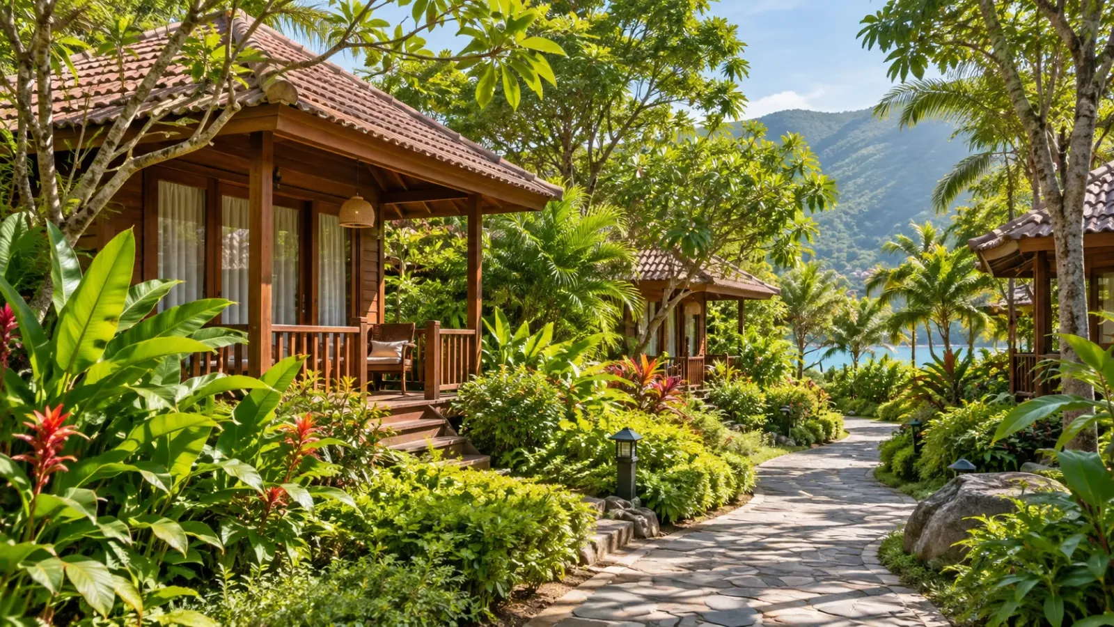 Khu bungalow với nhà gỗ, mái ngói và lối đi giữa vườn cây tại Tân Sơn Nhất Côn Đảo Resort
