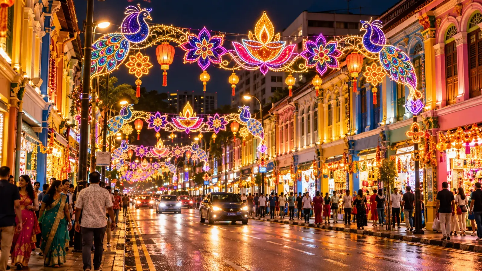 Khu Little India ở Singapore với những dải đèn trang trí rực rỡ trong dịp lễ hội Deepavali