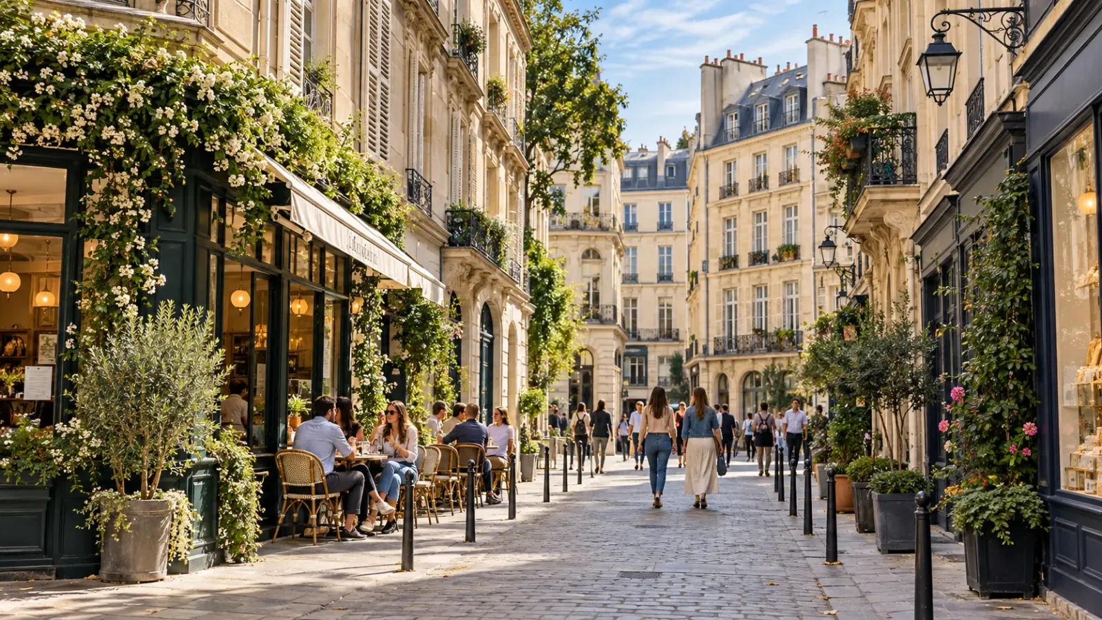 Khu phố cổ Le Marais tại Paris với những tòa nhà kiến trúc lịch sử và con đường dành cho người đi bộ.
