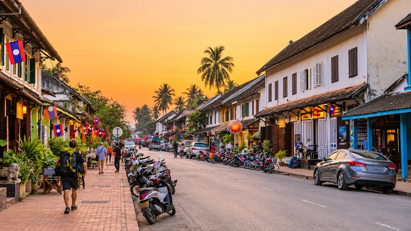 Khu phố cổ Luang Prabang tại Lào với những công trình kiến trúc truyền thống dọc đường phố