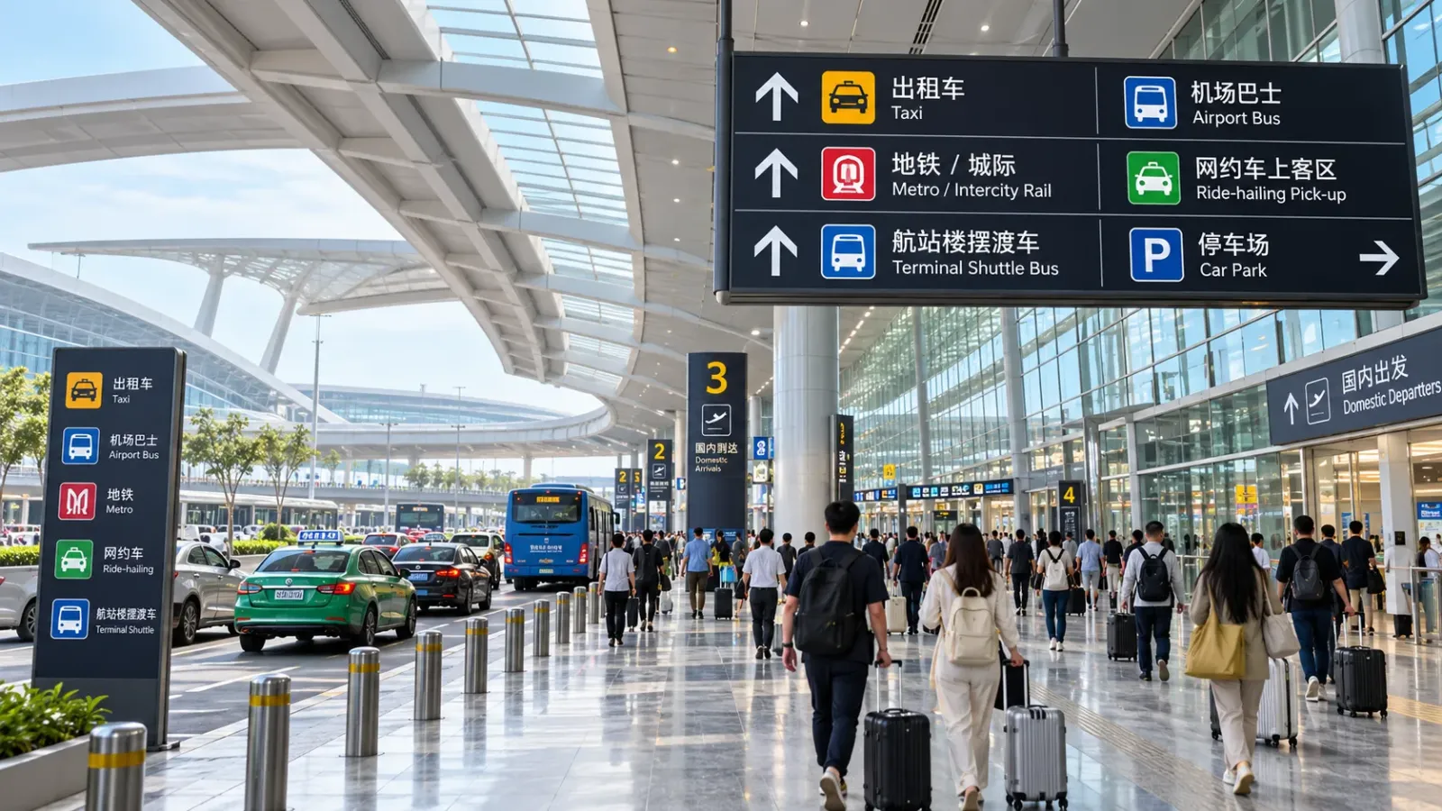 Khu vực kết nối phương tiện và biển chỉ dẫn dành cho hành khách tại sân bay Bạch Vân Quảng Châu