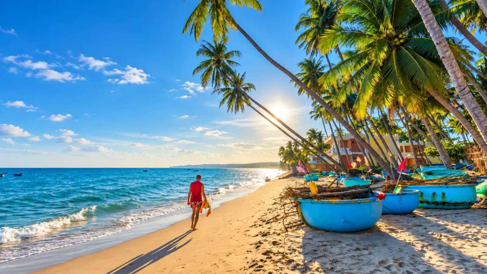 Khung cảnh bãi biển với hàng dừa, thuyền thúng trên cát và những con thuyền ngoài khơi
