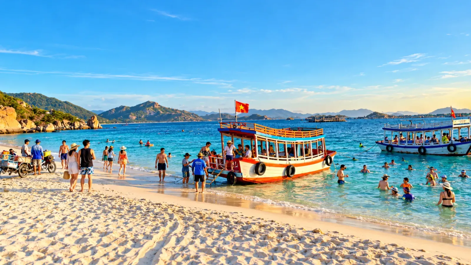 Khung cảnh biển xanh và bờ biển tự nhiên ở đảo Bình Hưng