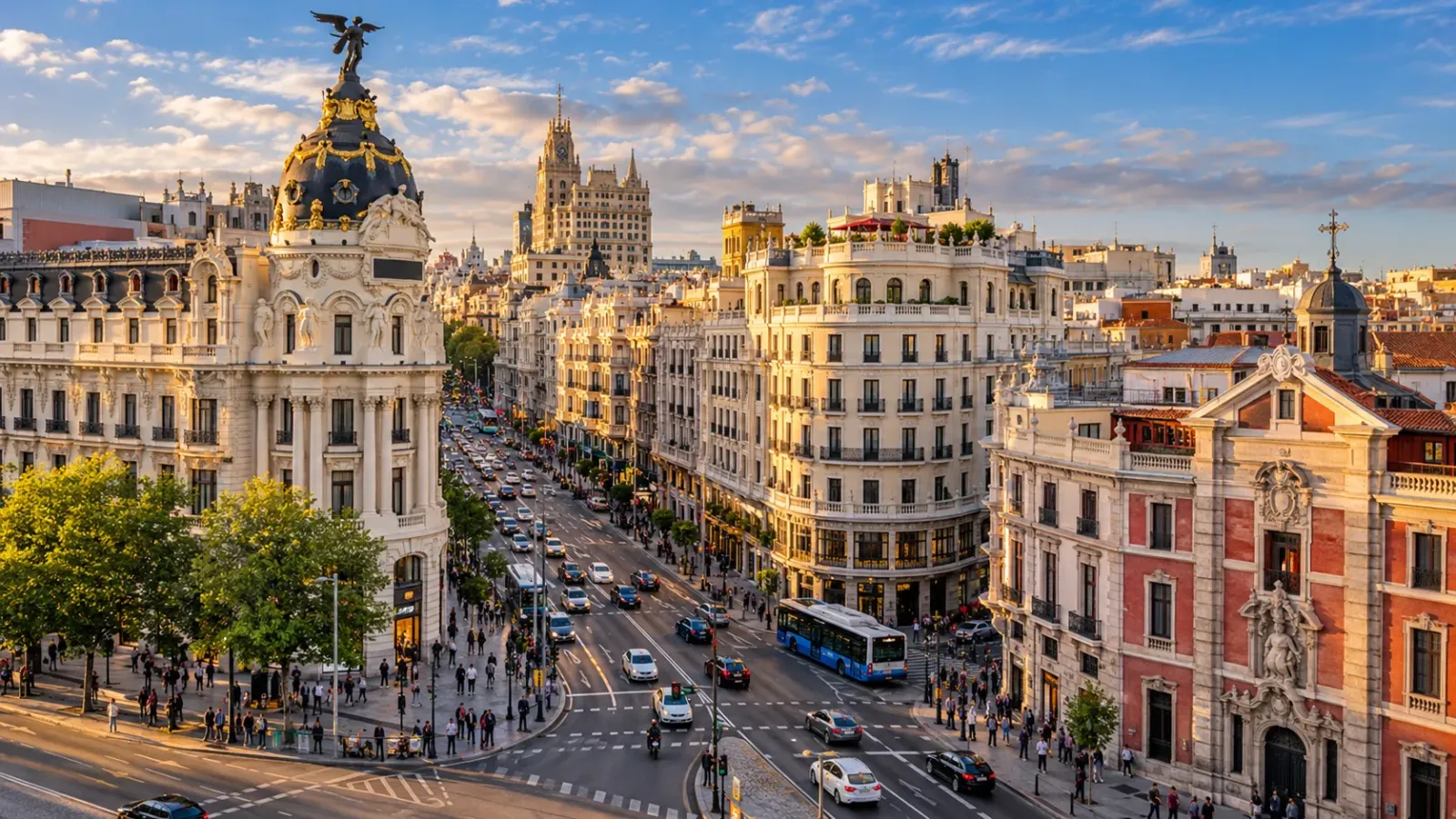   Khung cảnh đô thị Madrid với các công trình kiến trúc cổ điển và quảng trường nổi tiếng tại tây Ban Nha   