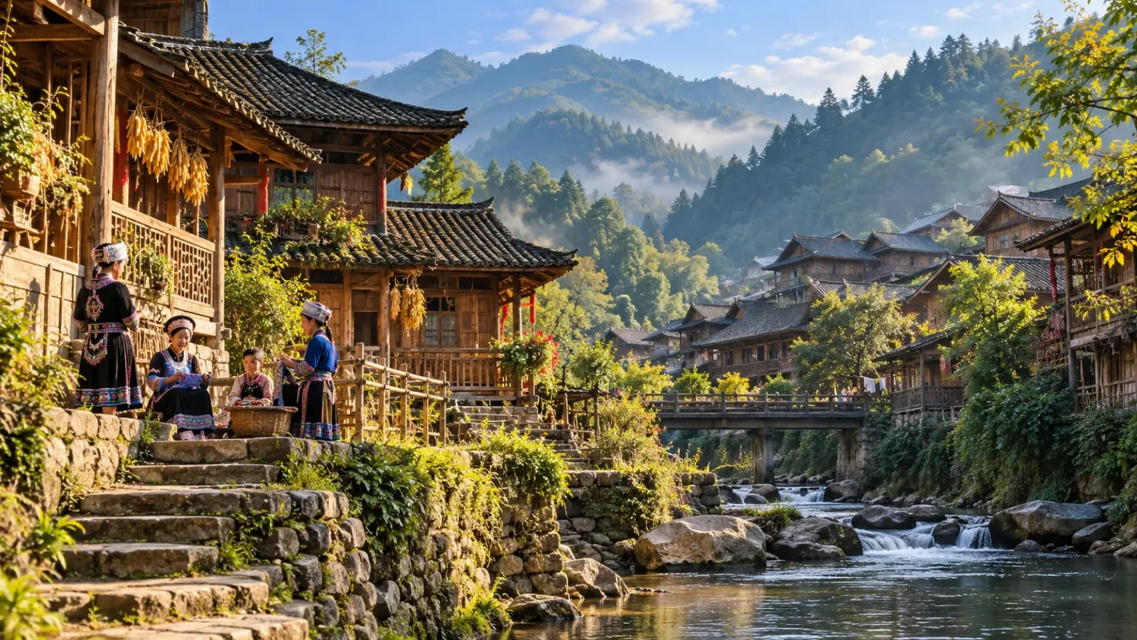 Khung cảnh làng bản với những ngôi nhà gỗ truyền thống trong ảnh minh họa văn hóa địa phương
