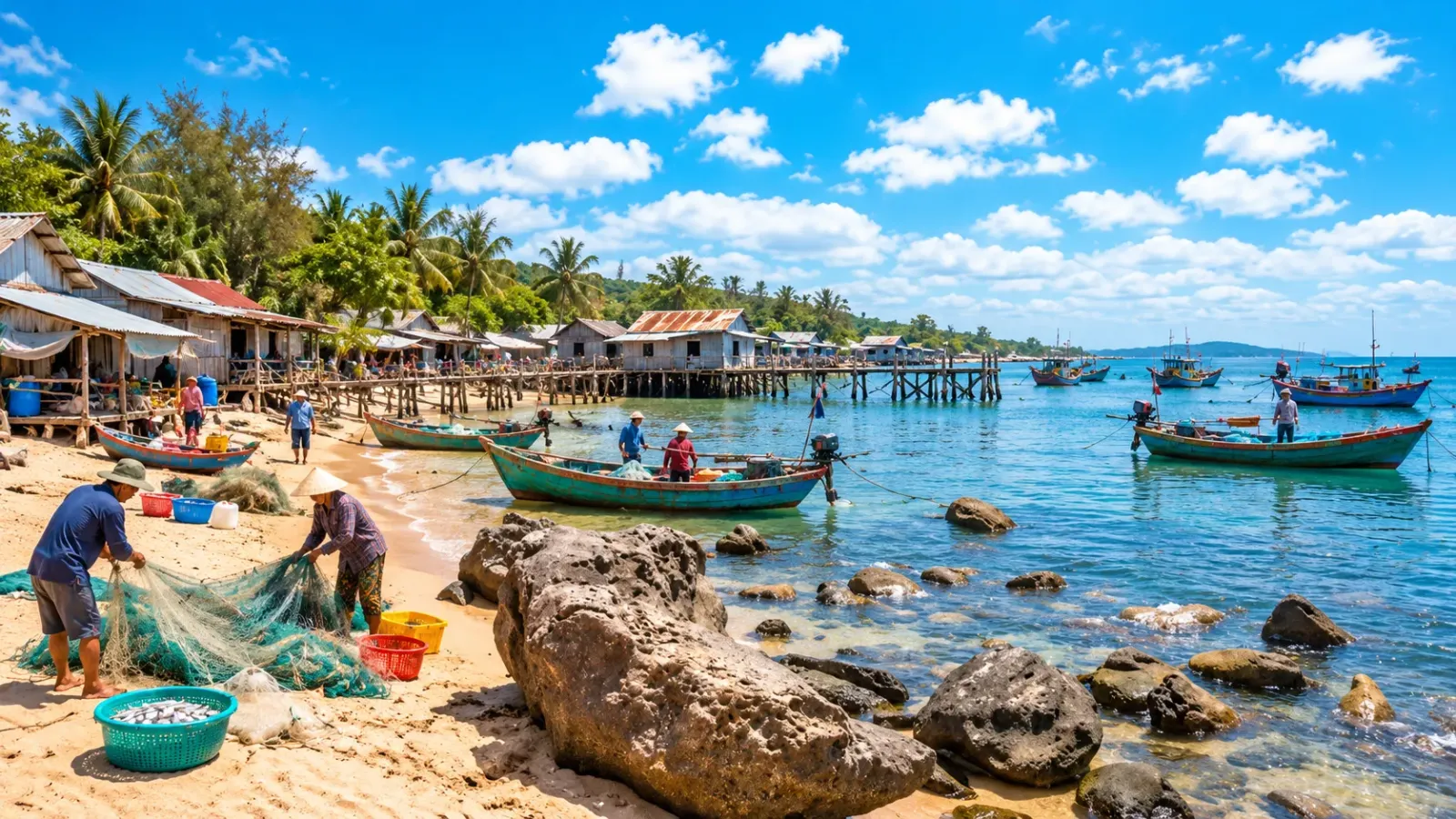Khung cảnh làng chài Hàm Ninh với biển và khu vực sinh hoạt ven bờ tại Phú Quốc