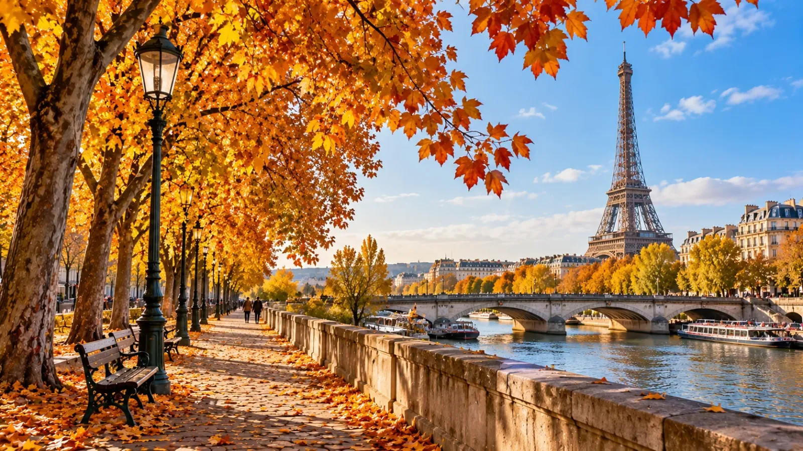 Khung cảnh mùa thu tại Paris với hàng cây lá vàng bên lối đi và kiến trúc thành phố