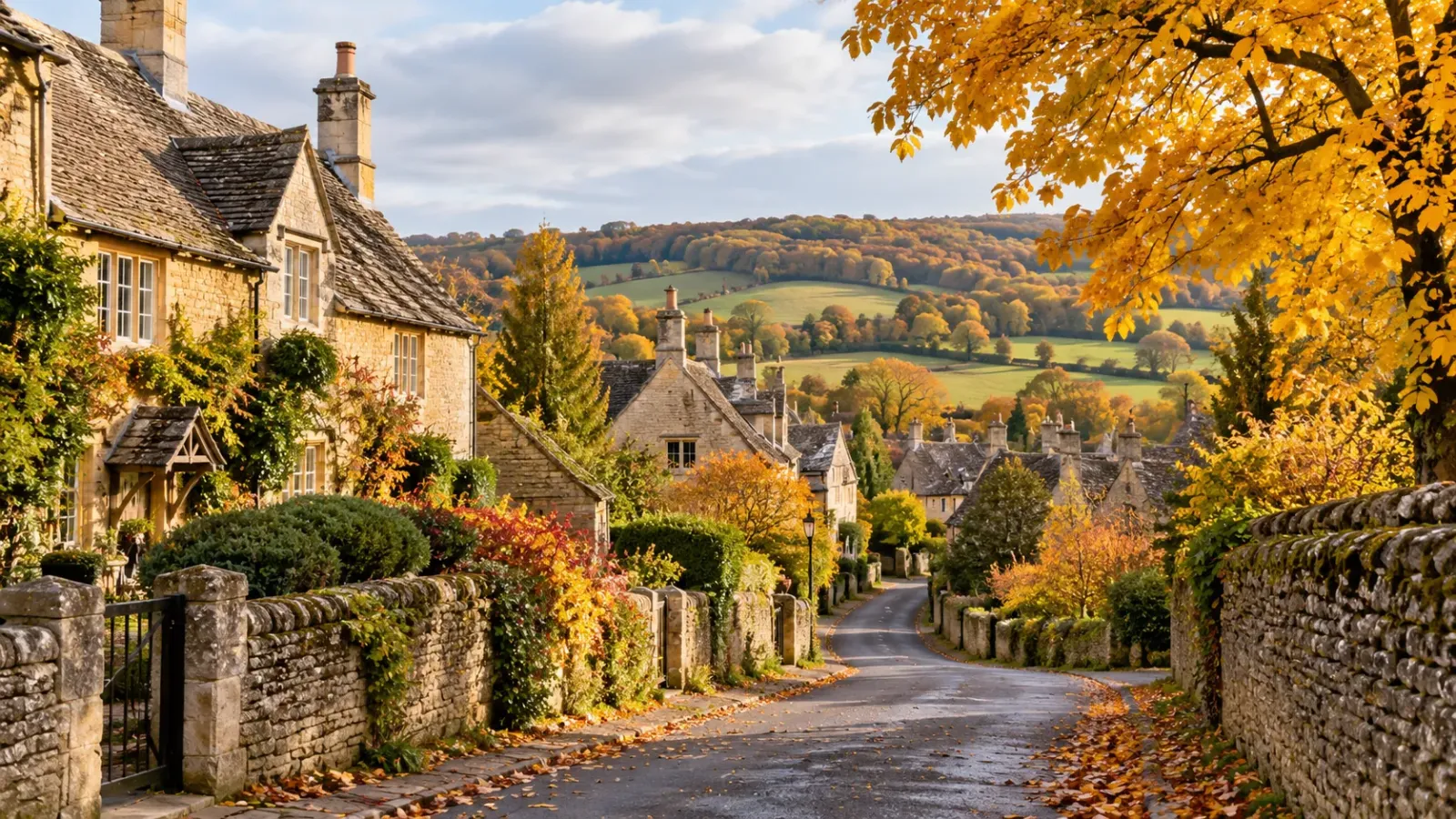 Khung cảnh mùa thu với lá vàng tại vùng Cotswolds nước Anh