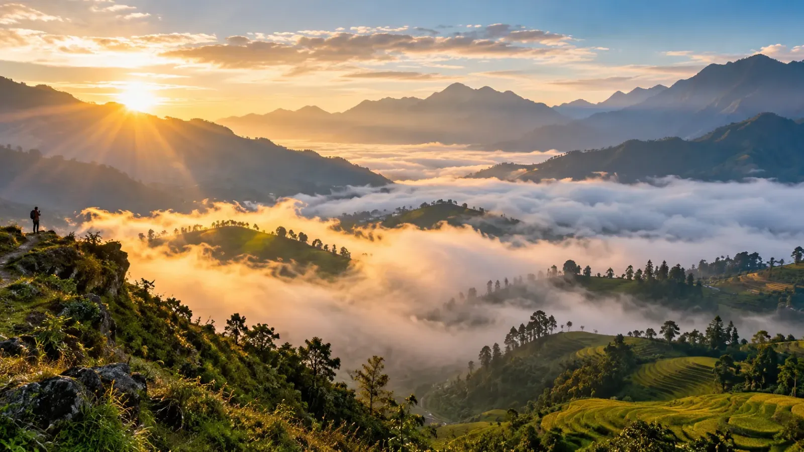 Khung cảnh Sa Pa vào buổi sớm với không gian núi rừng vùng cao