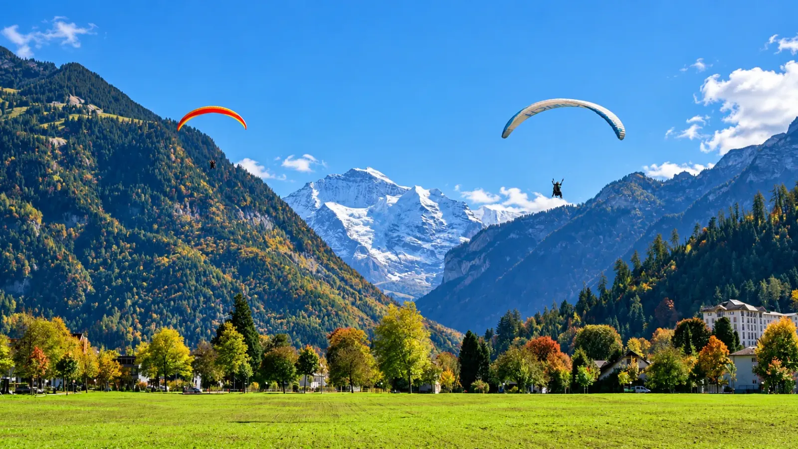 Khung cảnh thị trấn Interlaken với đồng cỏ Höhematte, dù lượn và núi Alps phía sau