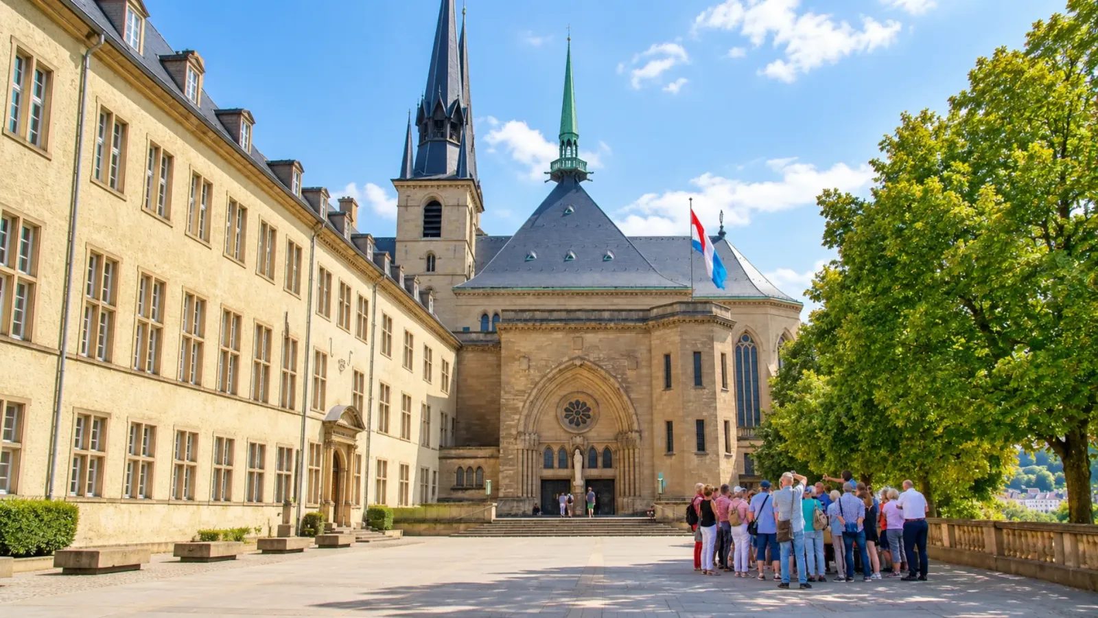 Kiến trúc bên ngoài Nhà thờ Đức Bà Luxembourg với các tháp và chi tiết Gothic