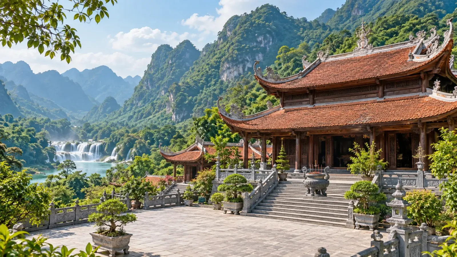 Kiến trúc chùa Phật Tích Trúc Lâm Bản Giốc tại Cao Bằng với mái chùa truyền thống giữa núi rừng